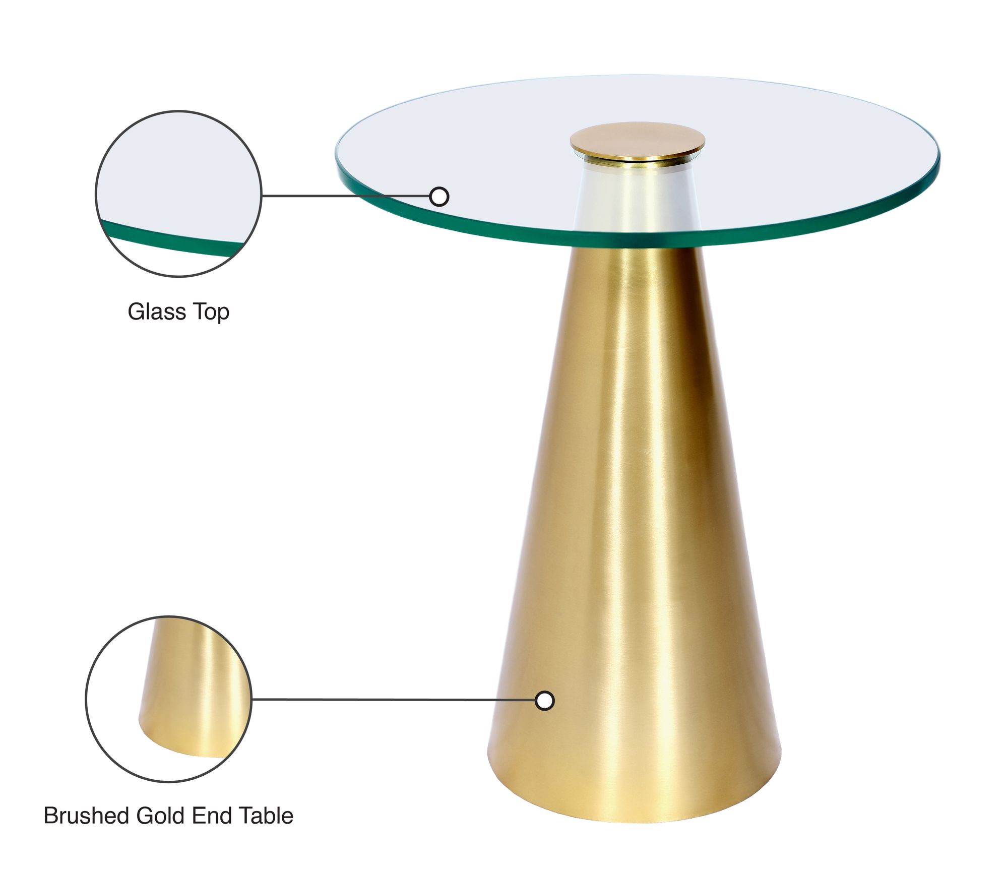 Glassimo 18" Round Glass End Table with Brushed Gold Base