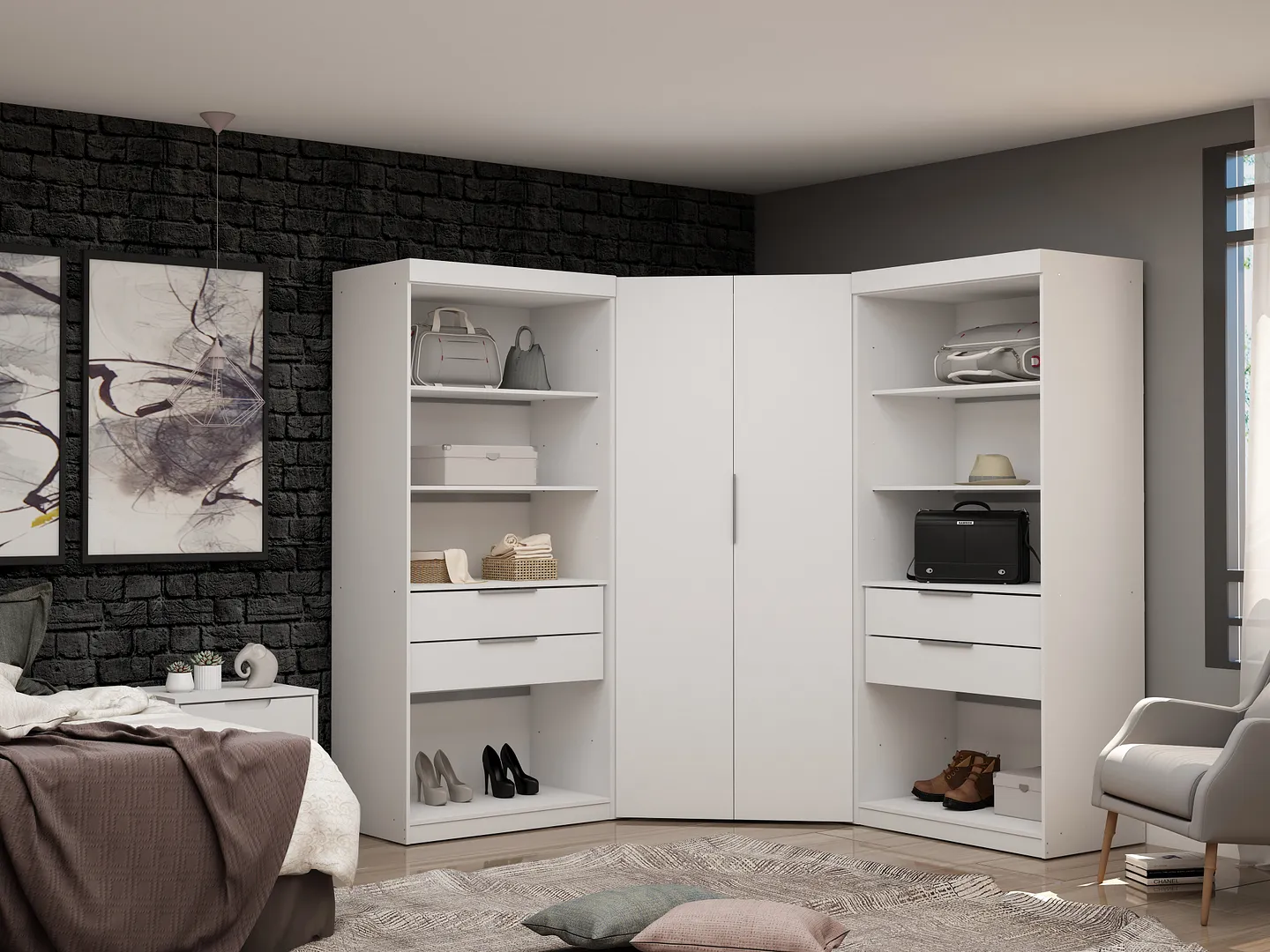 Mulberry 2.0 Semi Open 3 Sectional Wardrobe Corner Closet w/4 Drawers