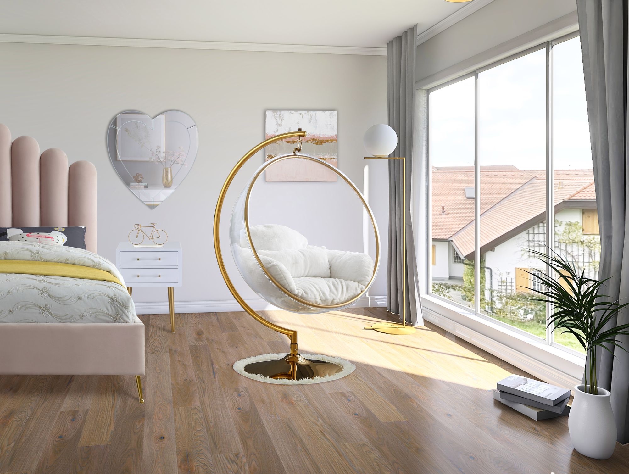 Luna Acrylic Swing Bubble Accent Chair with Gold Metal Base