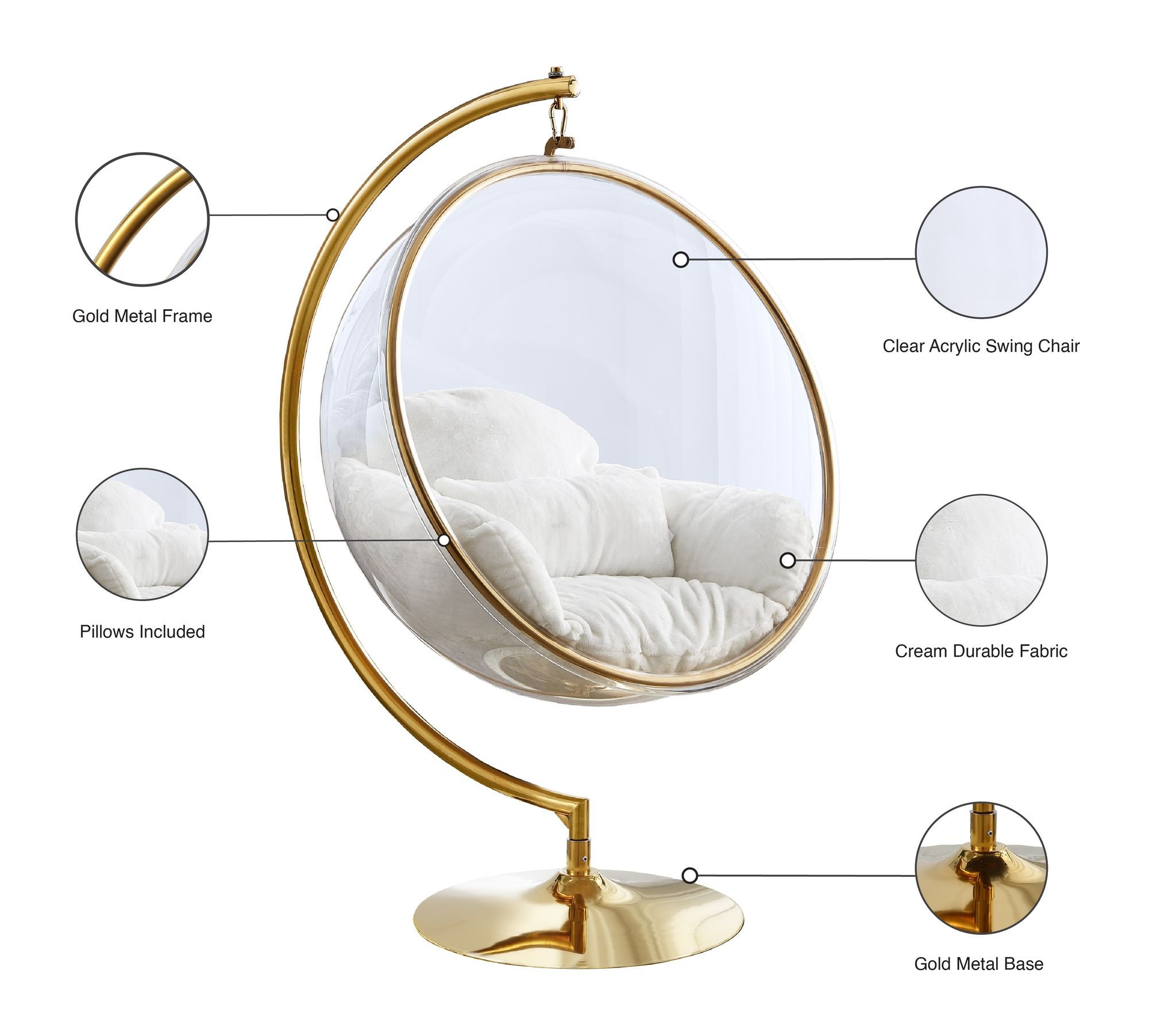Luna Acrylic Swing Bubble Accent Chair with Metal Base