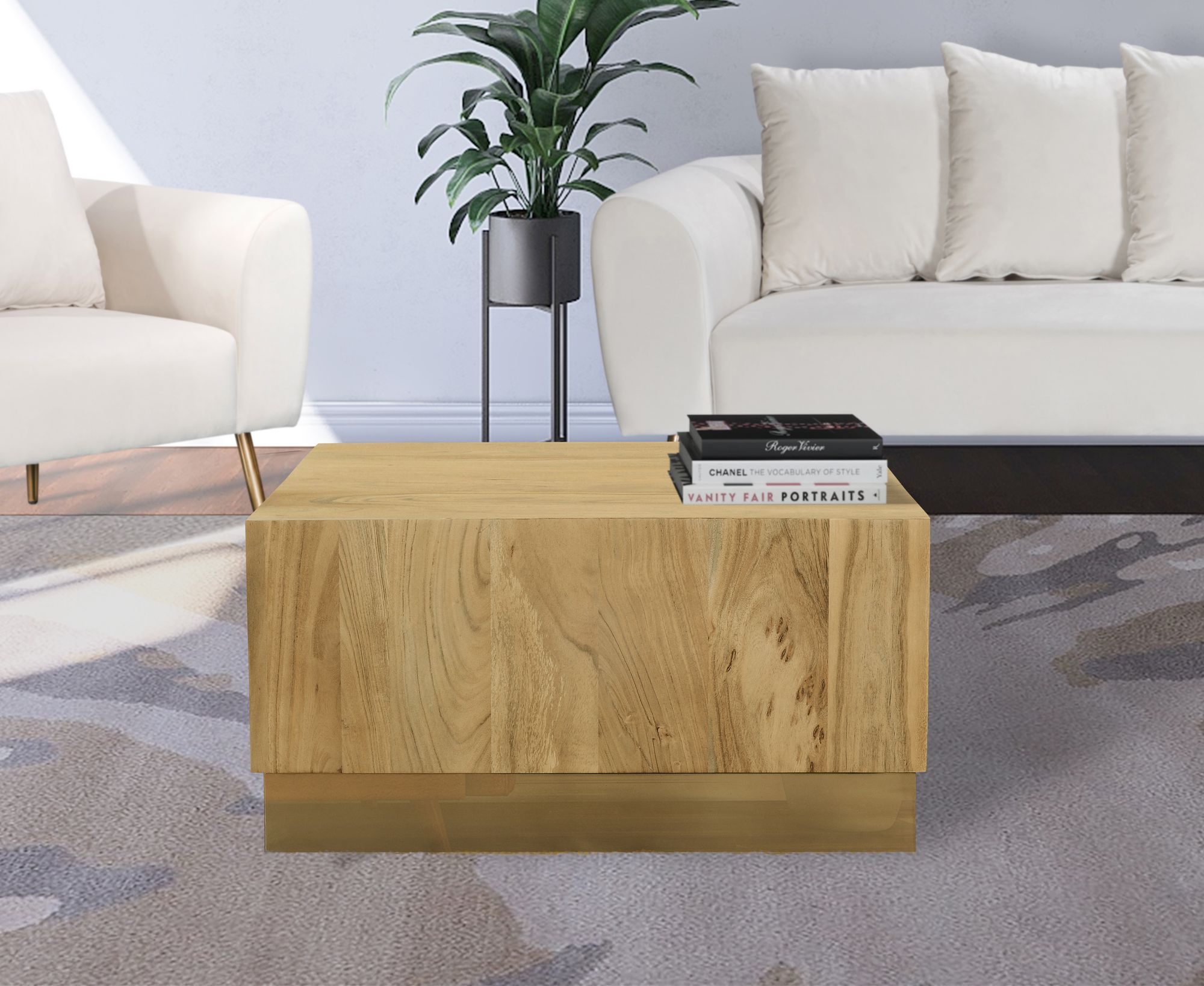 Acacia 32" Square Solid Wood Coffee Table with Gold Metal Base