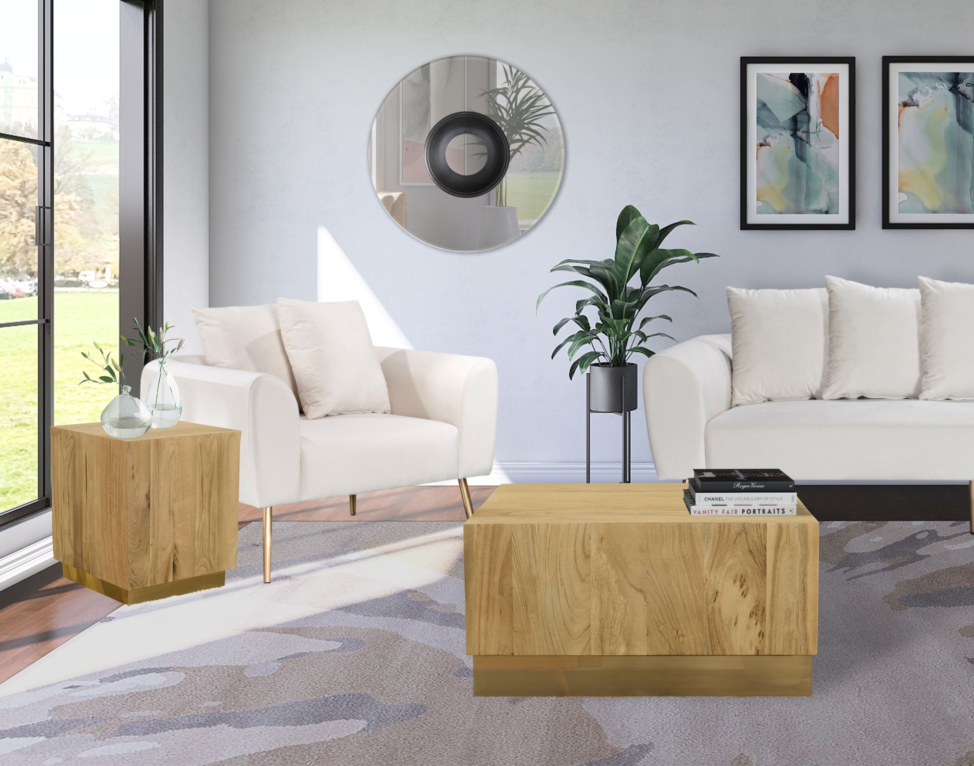 Acacia 32" Square Solid Wood Coffee Table with Gold Metal Base