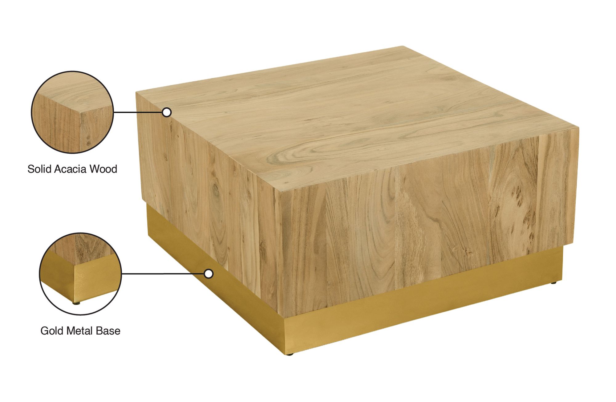 Acacia 32" Square Solid Wood Coffee Table with Gold Metal Base