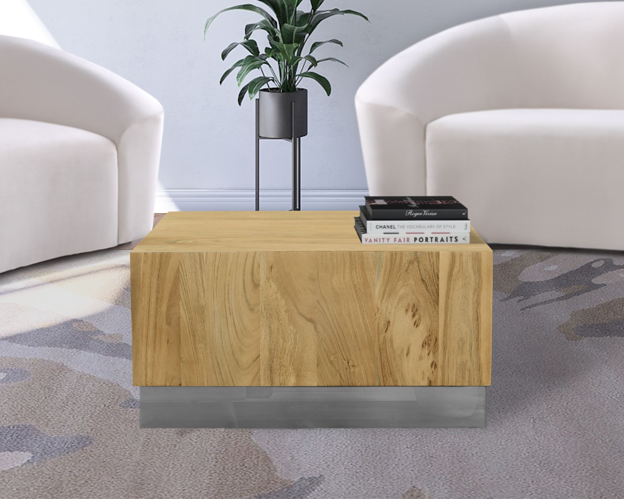 Acacia 32" Square Solid Wood Coffee Table with Chrome Metal Base