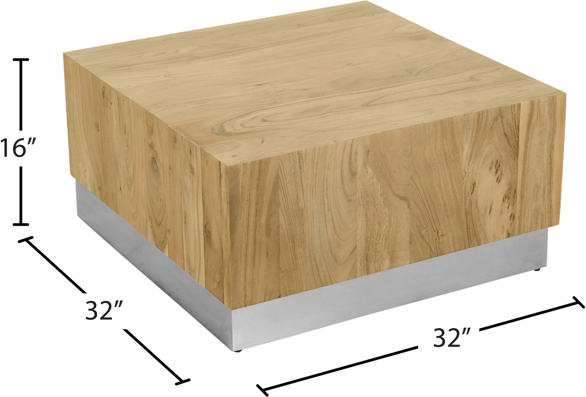 Acacia 32" Square Solid Wood Coffee Table with Chrome Metal Base