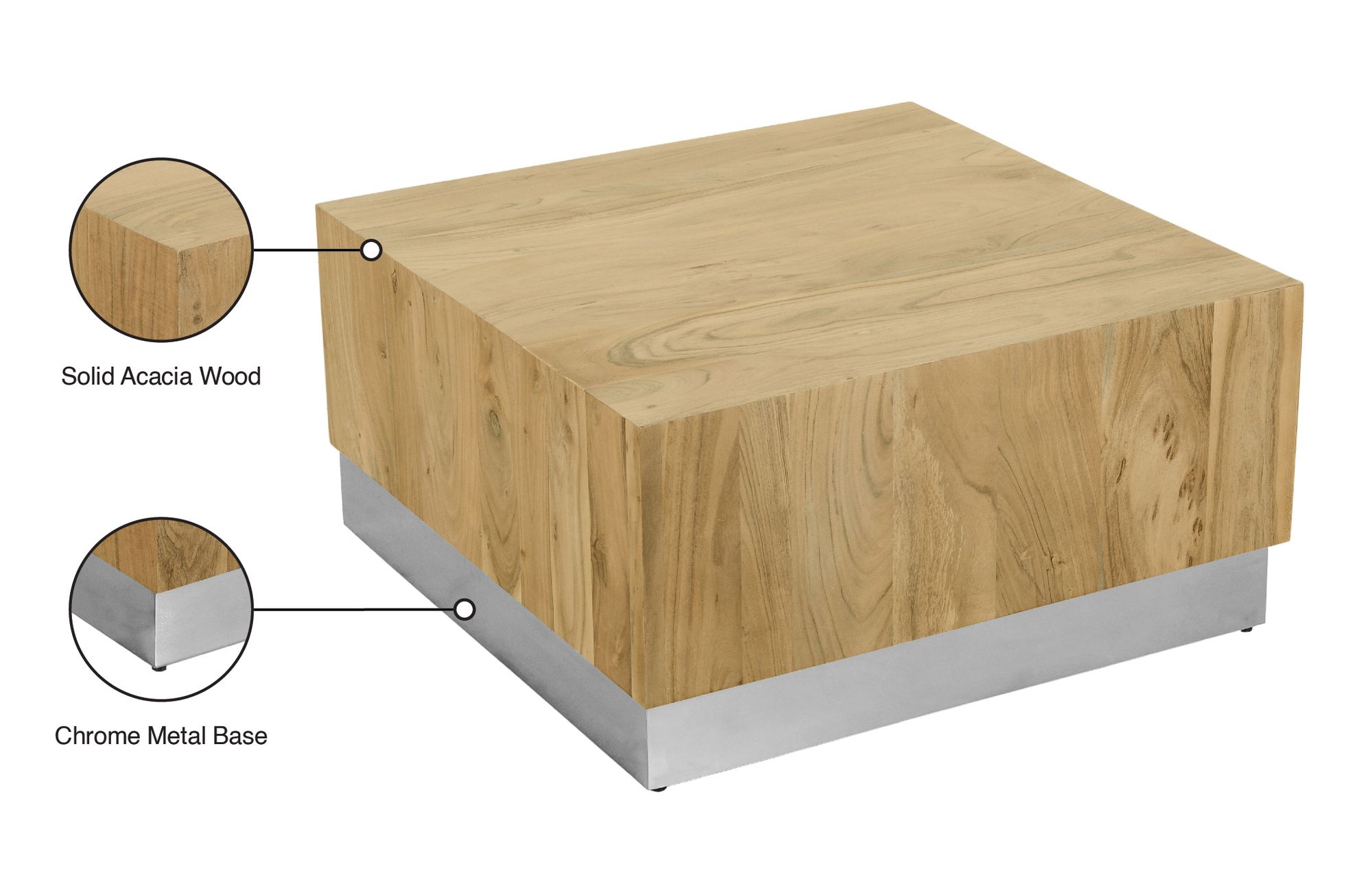 Acacia 32" Square Solid Wood Coffee Table with Chrome Metal Base