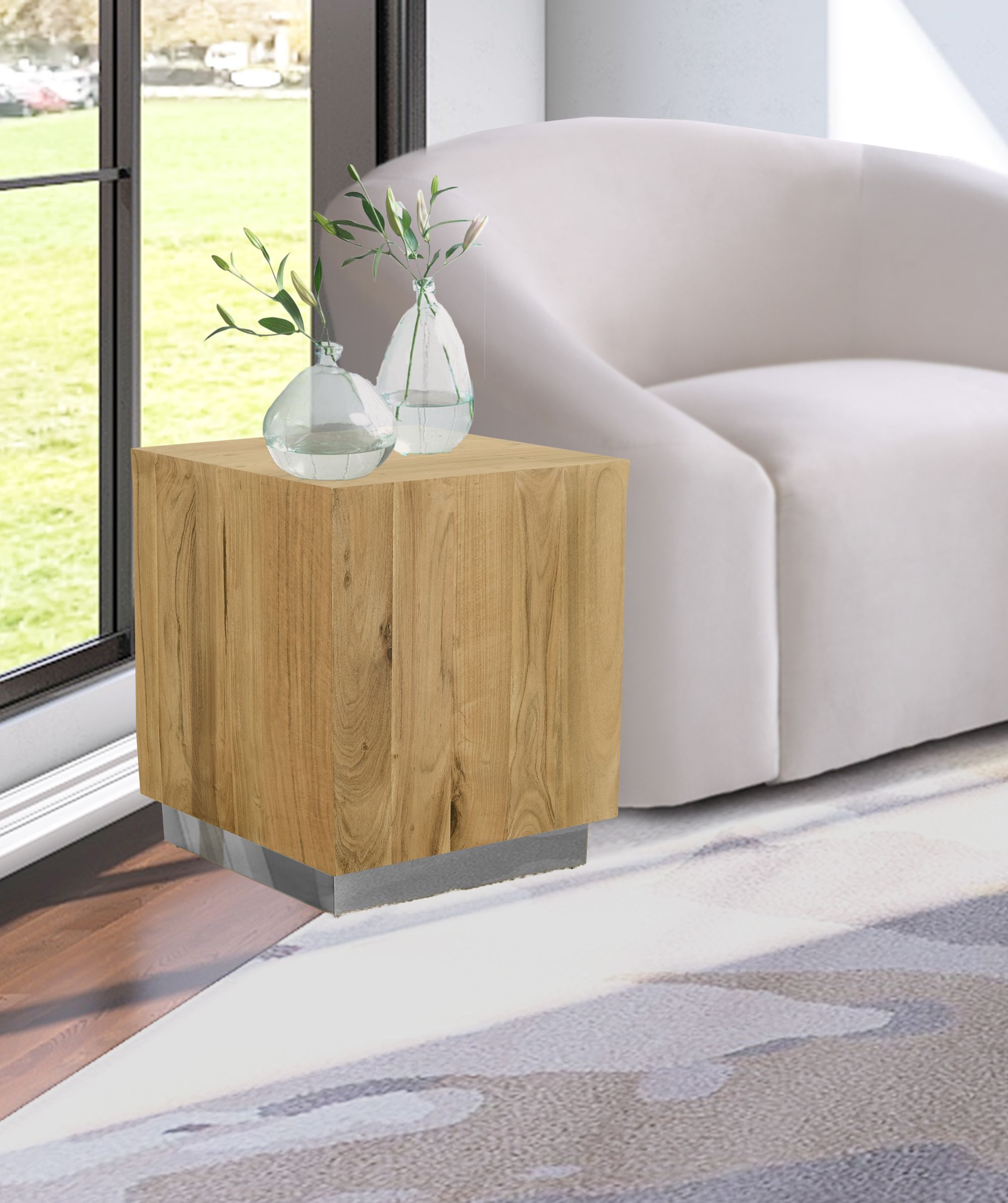 Acacia 18" Square Solid Wood End Table with Chrome Metal Base