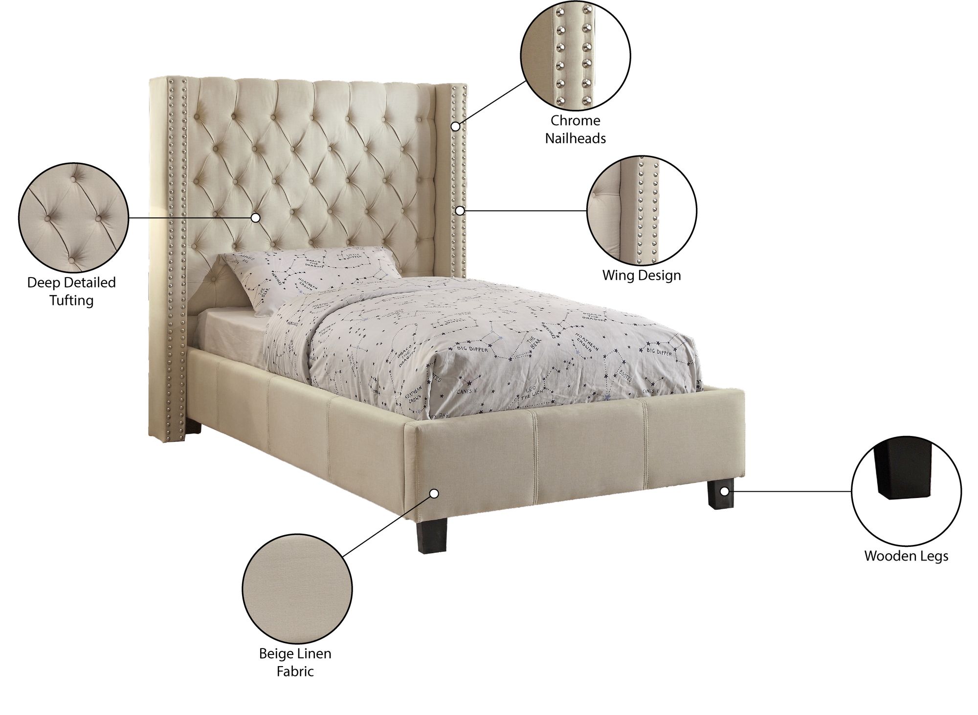Ashton Linen Fabric Twin Size Bed