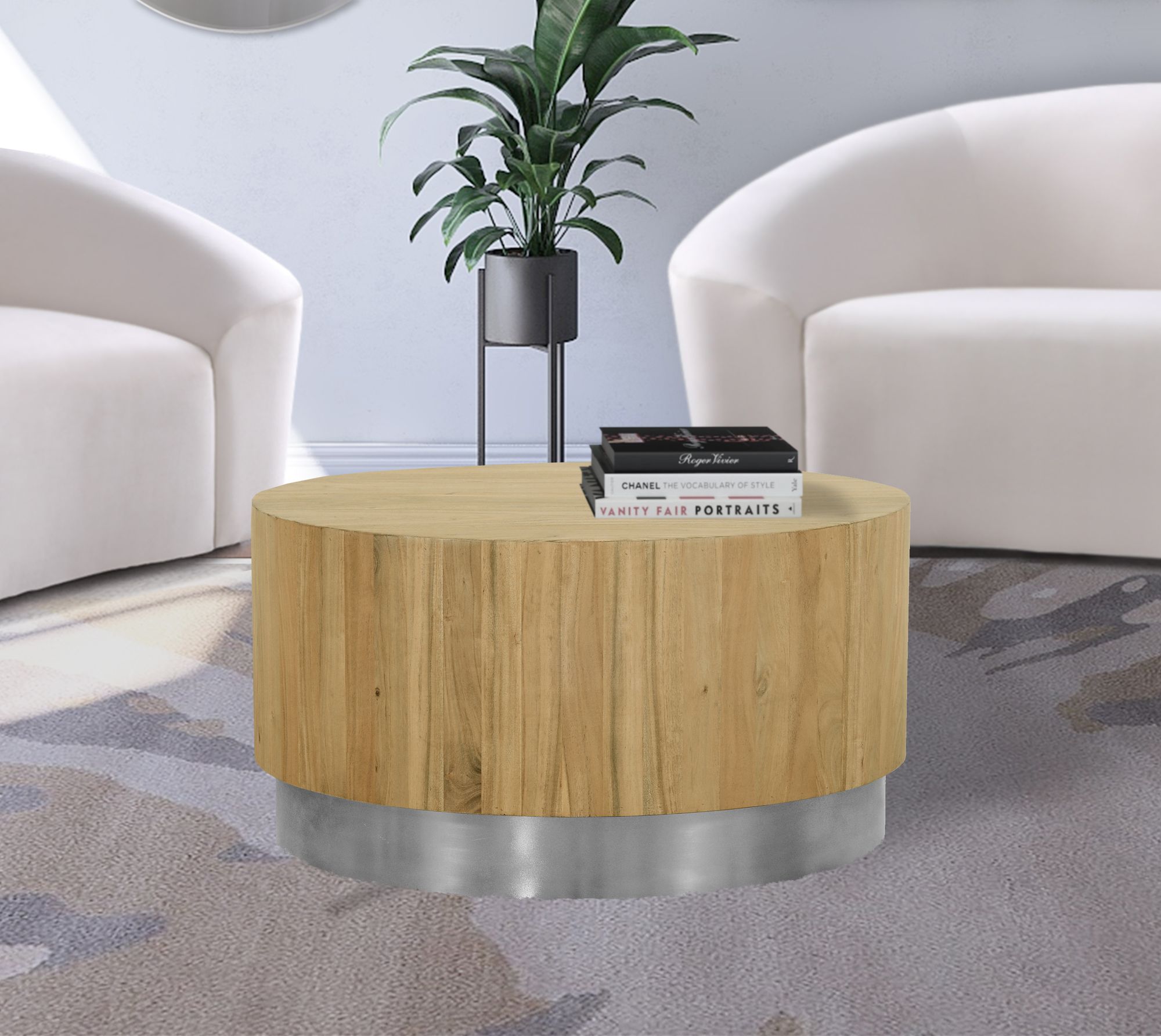 Acacia 32" Round Solid Wood Coffee Table with Chrome Metal Base