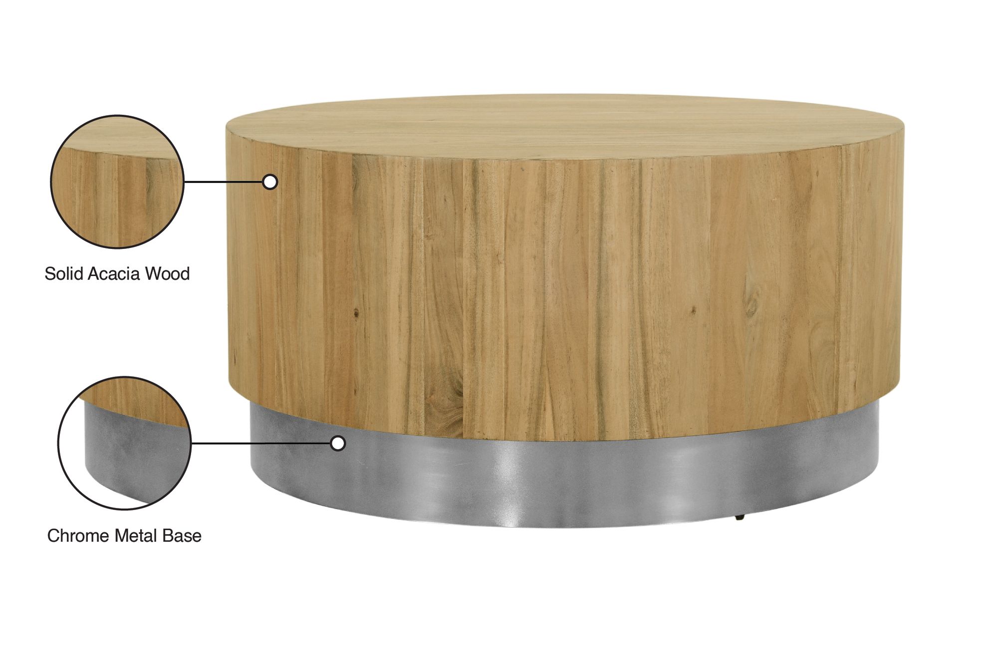 Acacia 32" Round Solid Wood Coffee Table with Chrome Metal Base