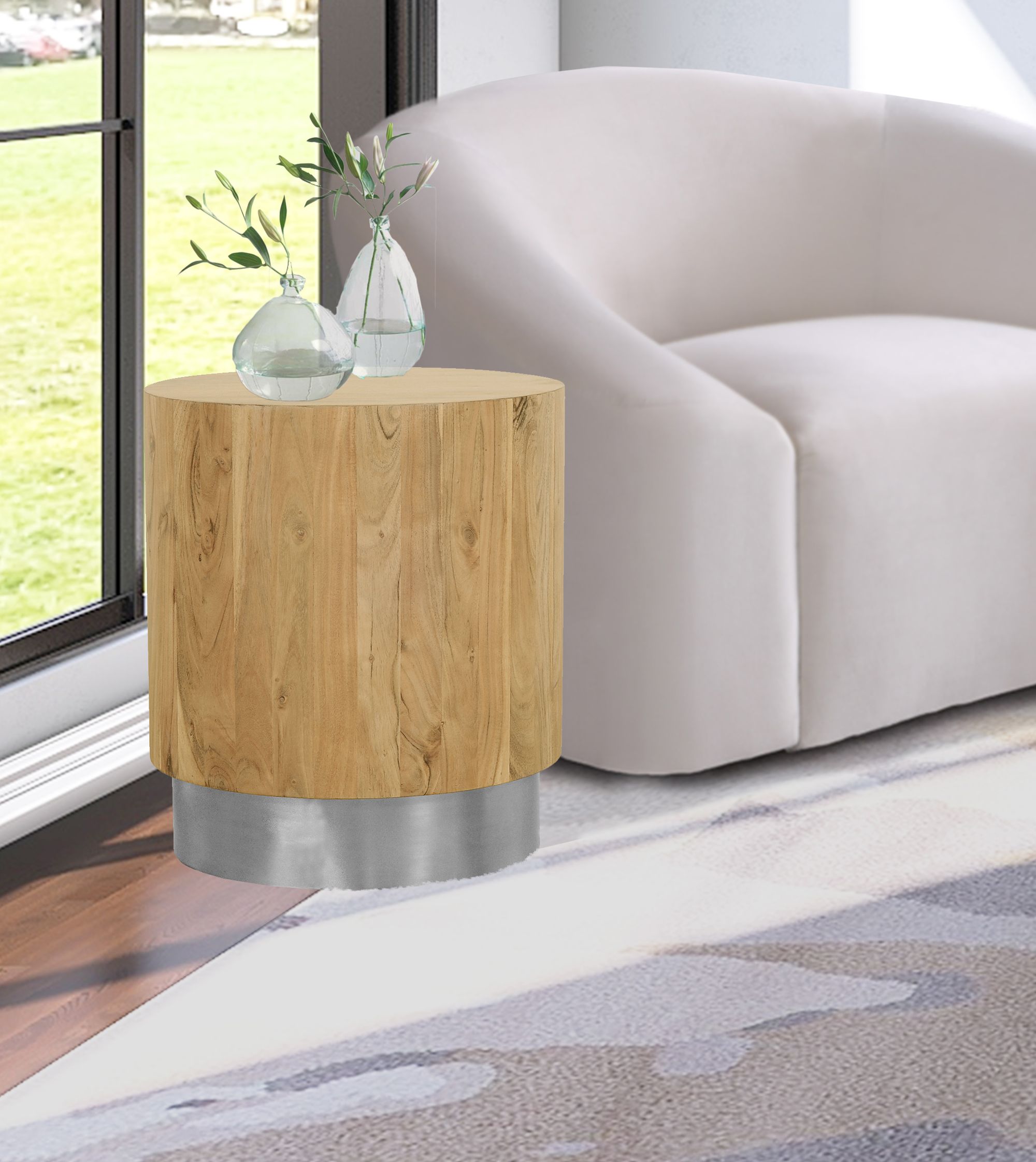 Acacia 18" Round Solid Wood End Table with Chrome Metal Base