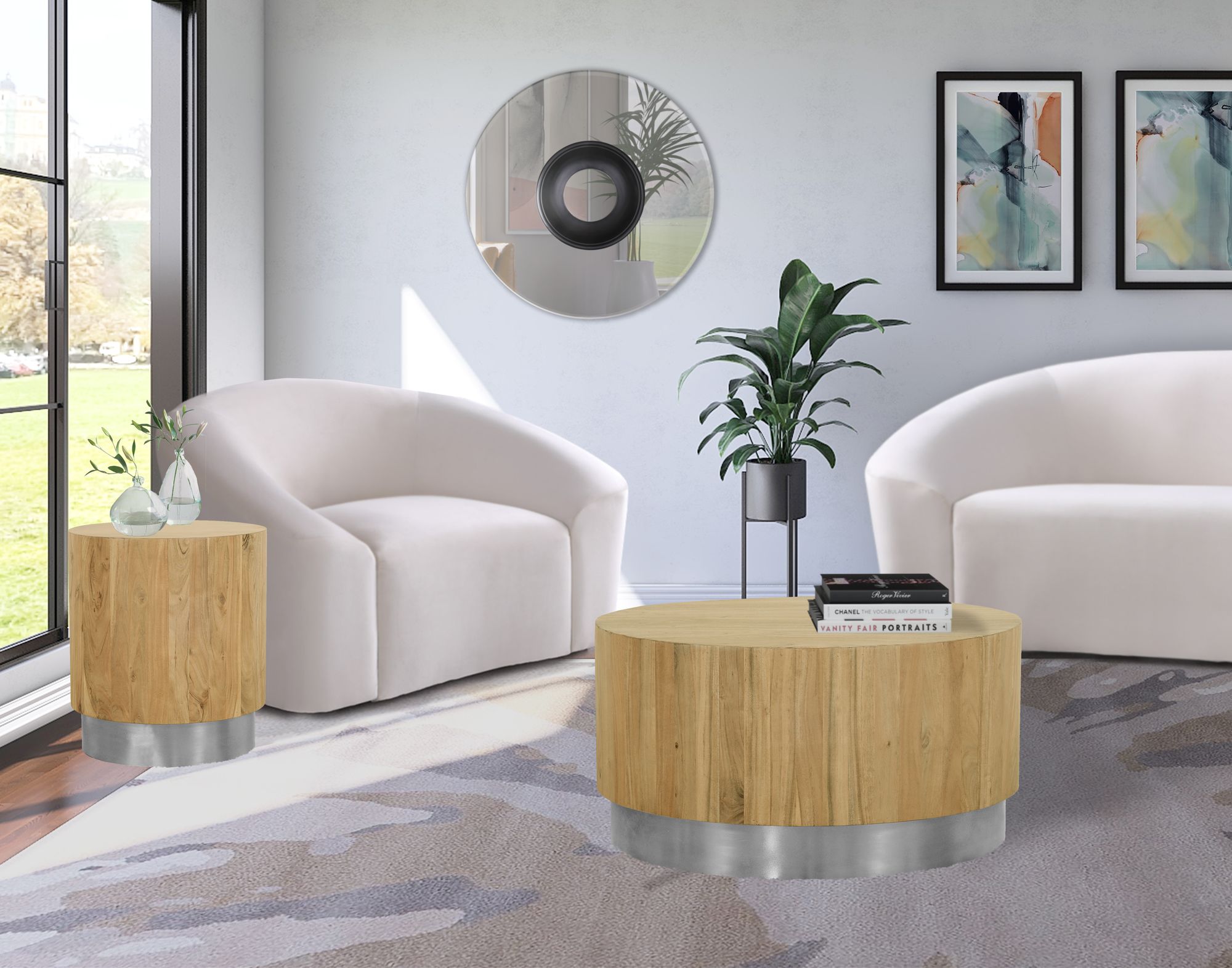 Acacia 18" Round Solid Wood End Table with Chrome Metal Base
