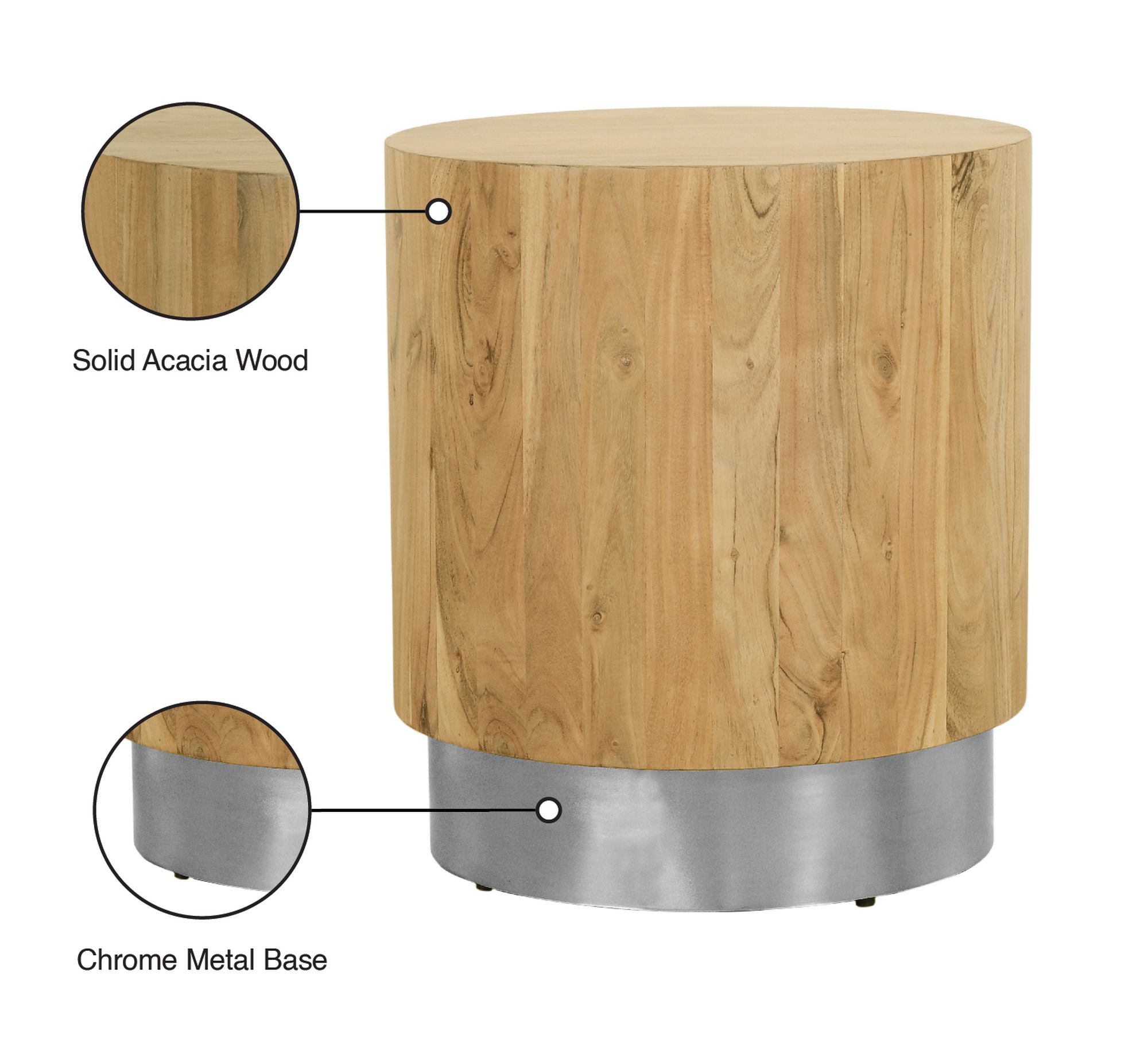 Acacia 18" Round Solid Wood End Table with Chrome Metal Base