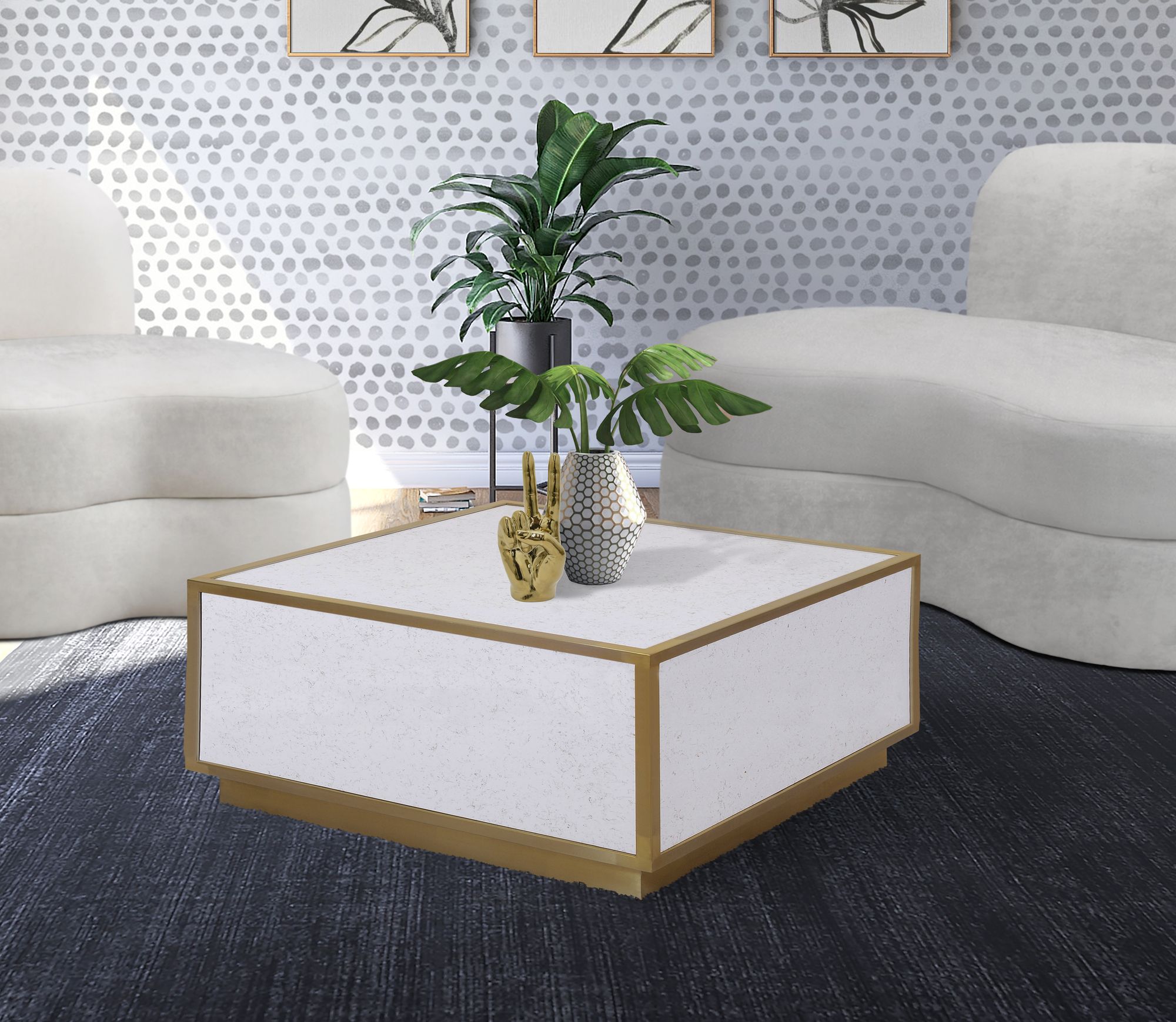 Glitz 32" Square Faux Marble Coffee Table with Gold Metal Base