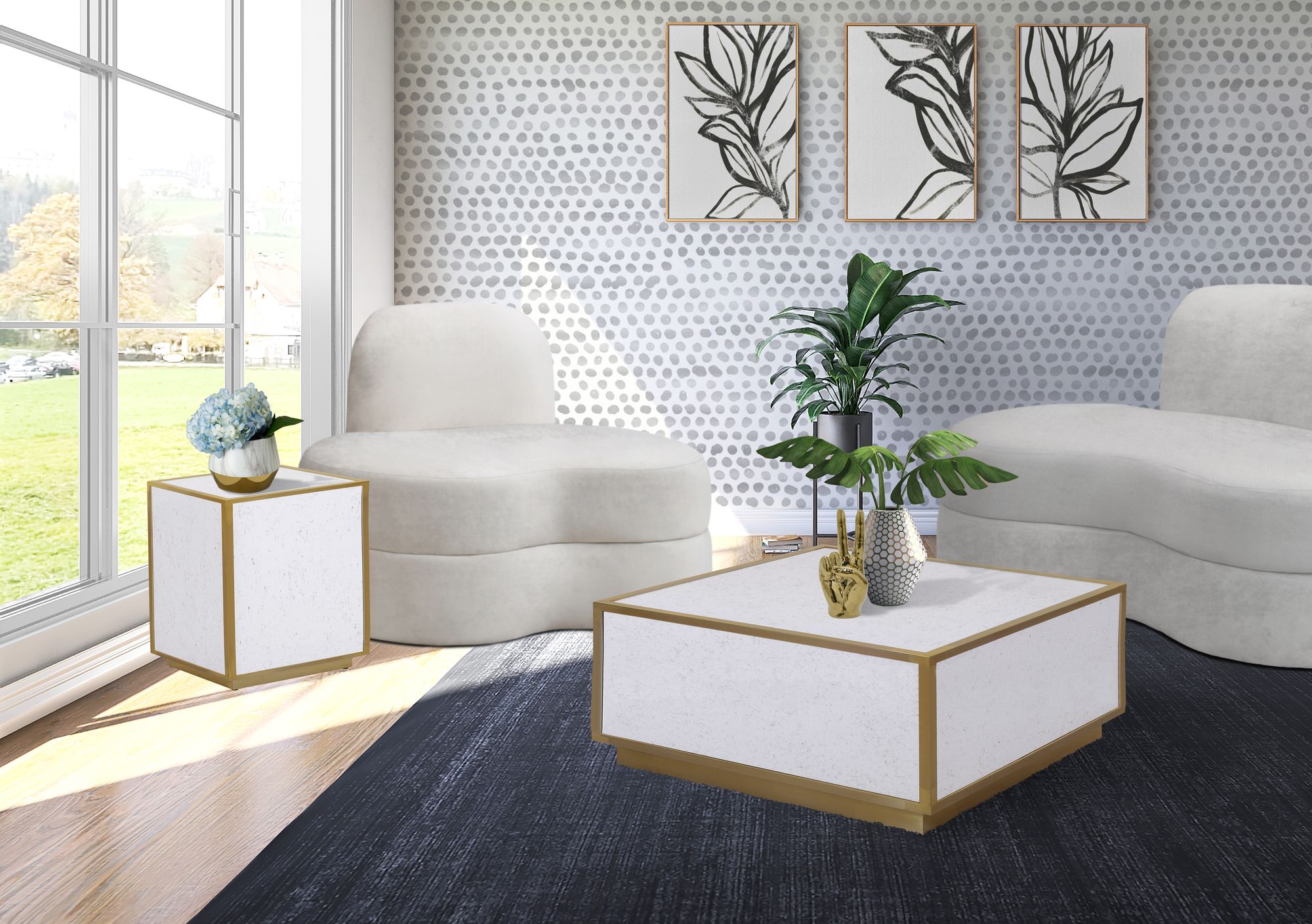 Glitz 32" Square Faux Marble Coffee Table with Gold Metal Base