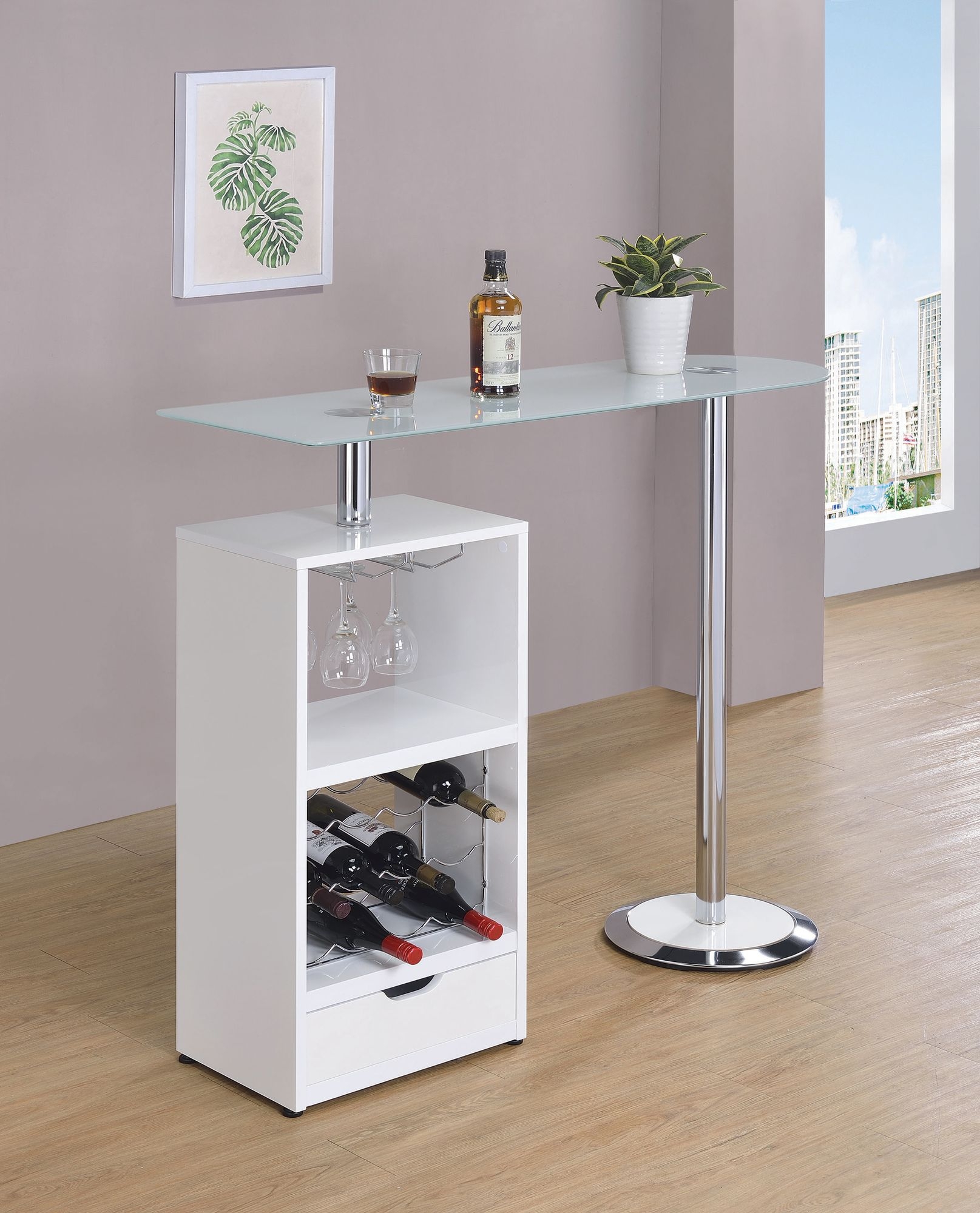 Koufax Wood Veneer Bar Table with Wine Rack