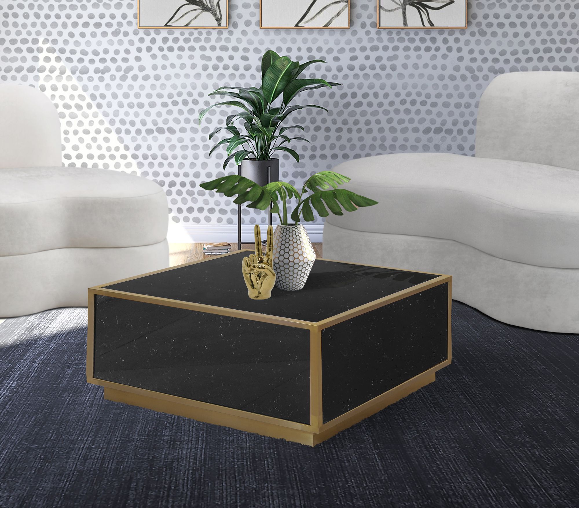 Glitz 32" Square Faux Marble Coffee Table with Gold Metal Base