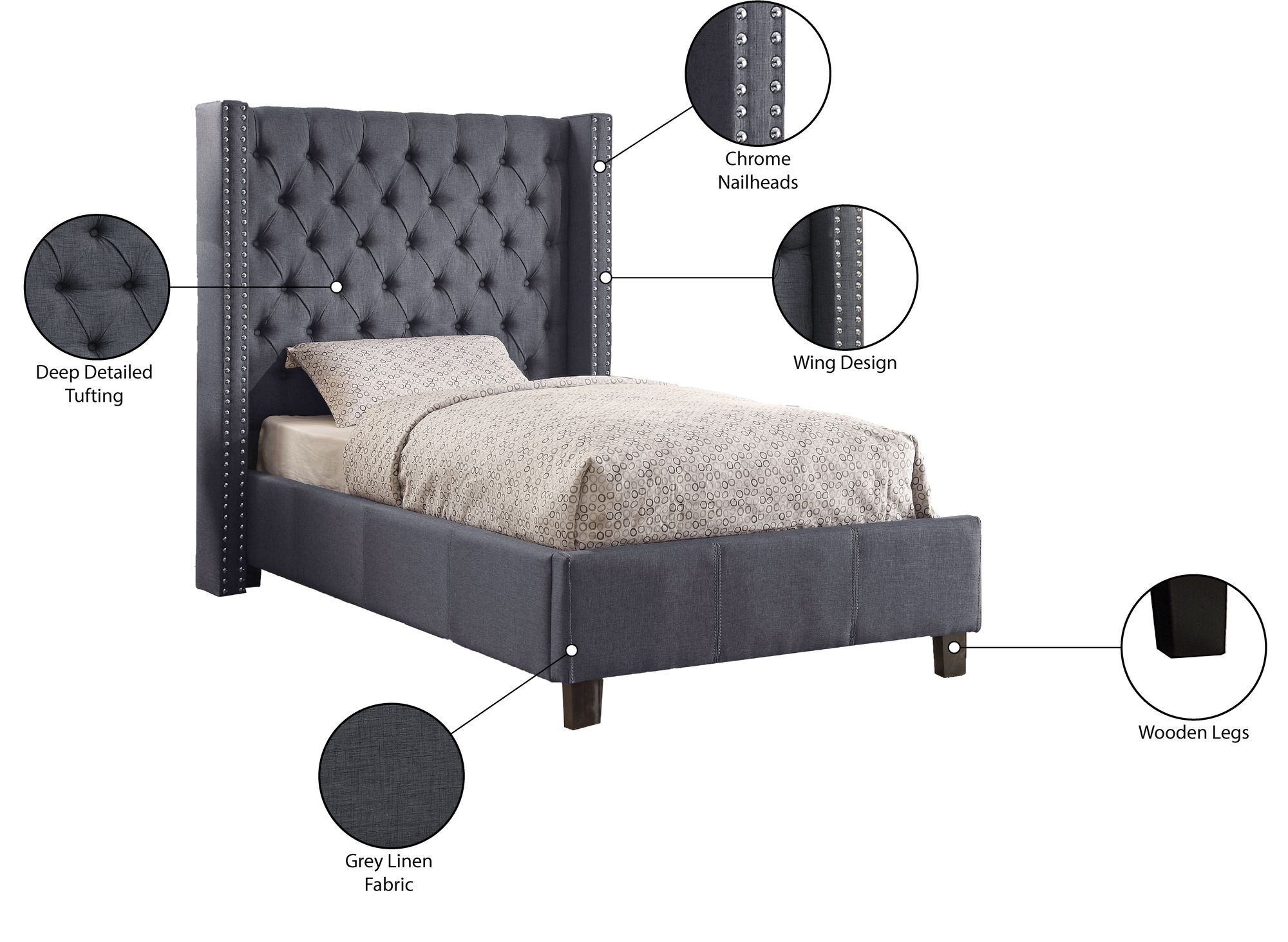 Ashton Linen Fabric Twin Size Bed
