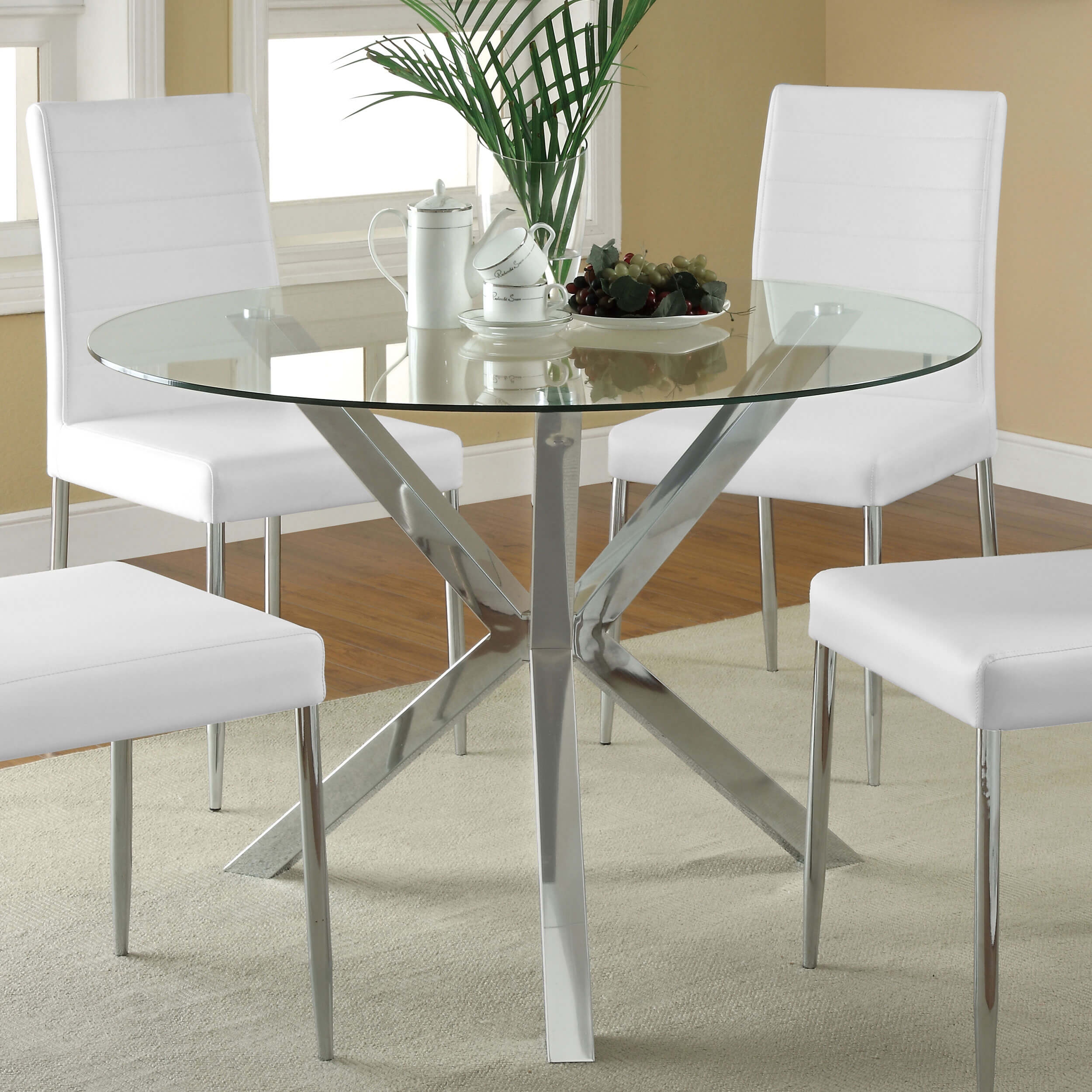 Vance Glass Top Dining Table with X-cross Chrome Base