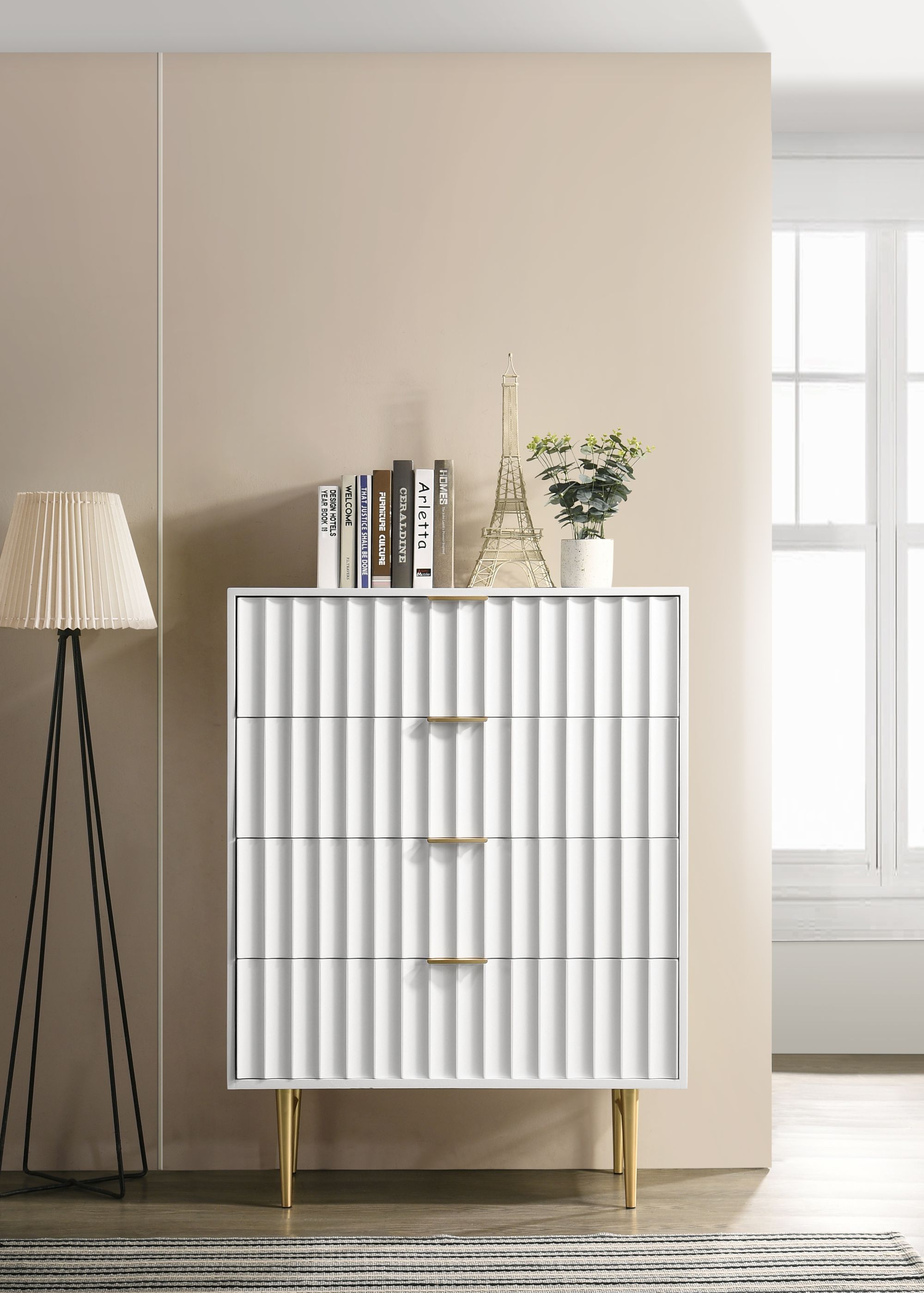Modernist 4-Drawer Wood Chest with Brushed Gold Steel Legs & Handles