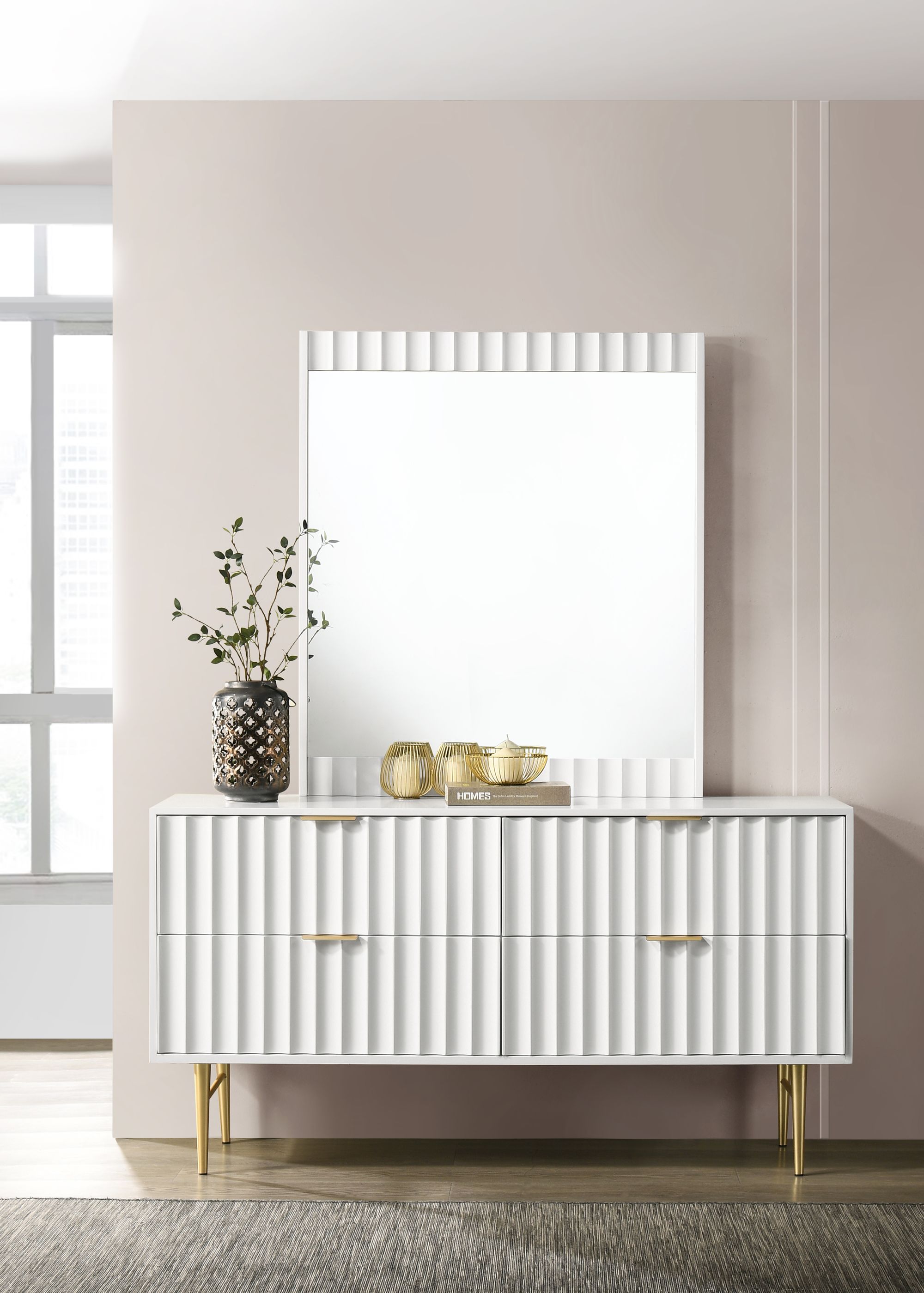Modernist 4-Drawer Wood Dresser with Brushed Gold Steel Legs & Handles