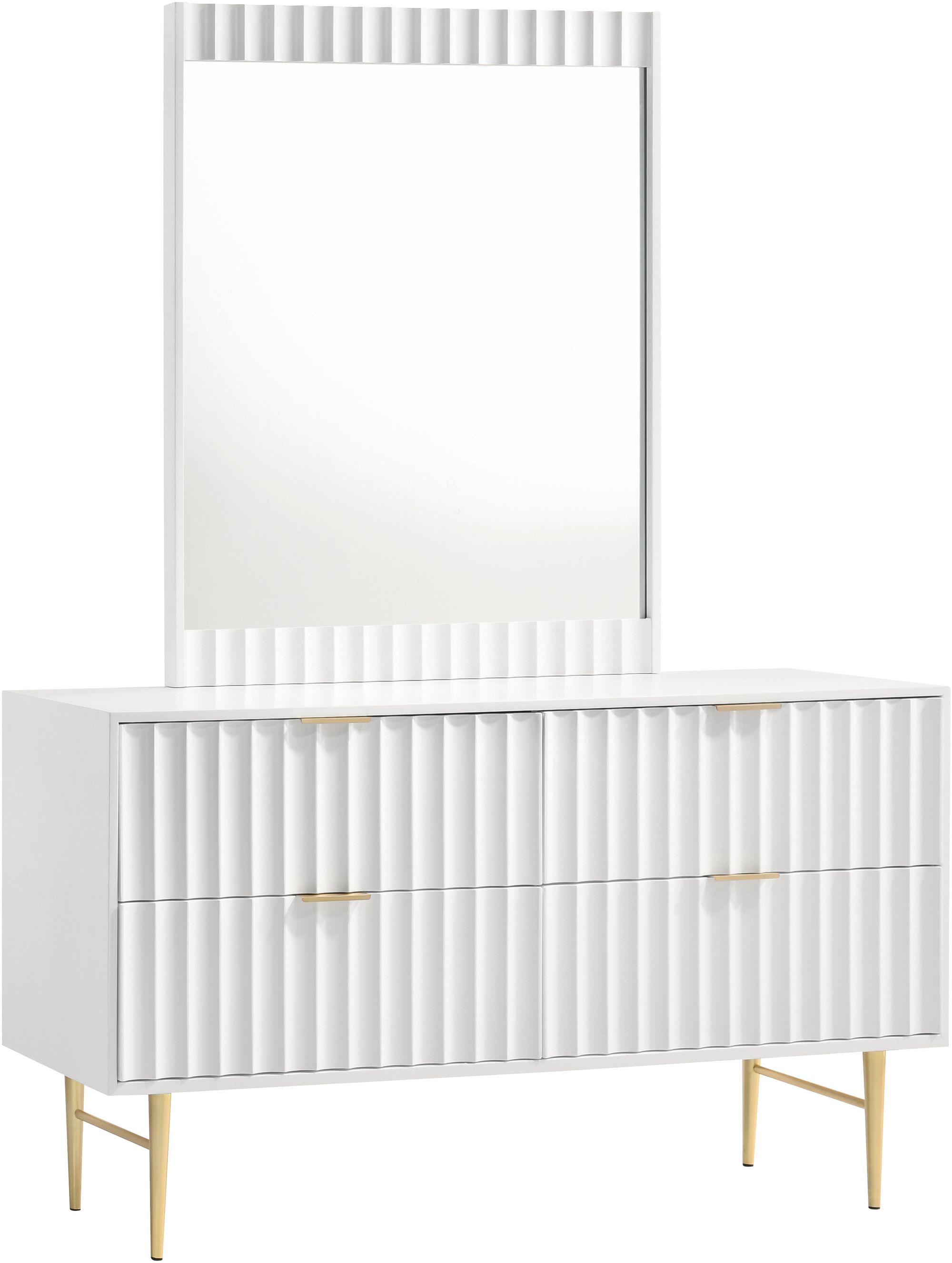 Modernist 4-Drawer Wood Dresser with Brushed Gold Steel Legs & Handles