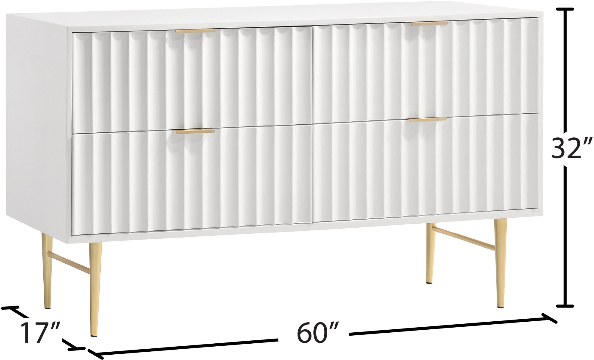 Modernist 4-Drawer Wood Dresser with Brushed Gold Steel Legs & Handles