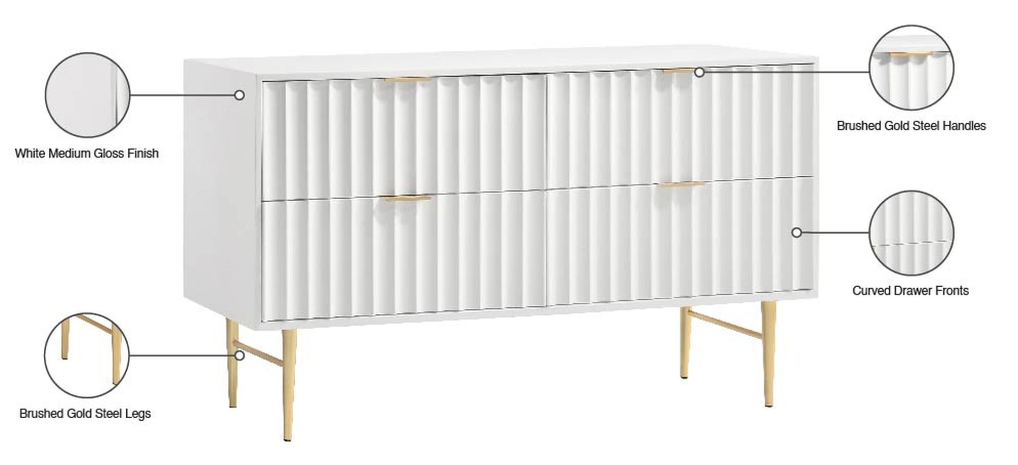 Modernist 4-Drawer Wood Dresser with Brushed Chrome Steel Legs & Handles