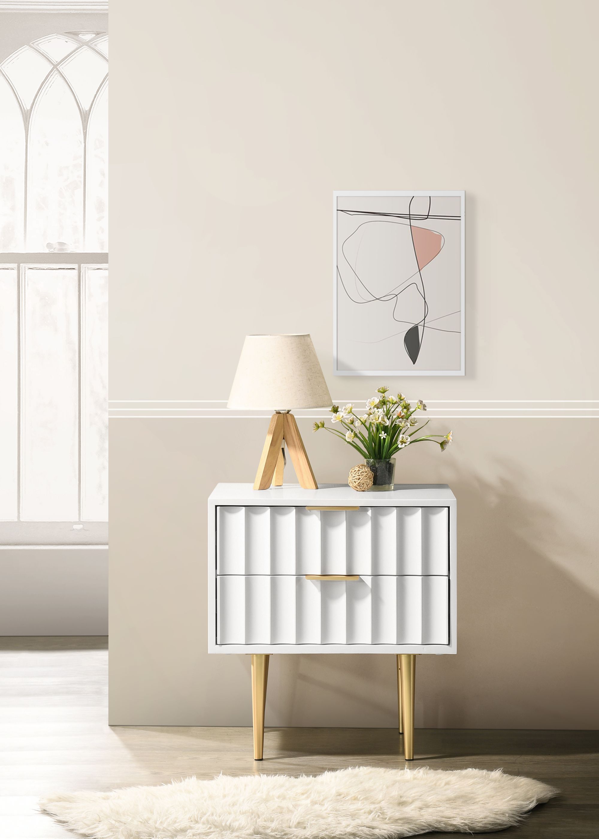 Modernist 2-Drawer Wood Veneer Nightstand with Brushed Gold Steel Legs & Handles