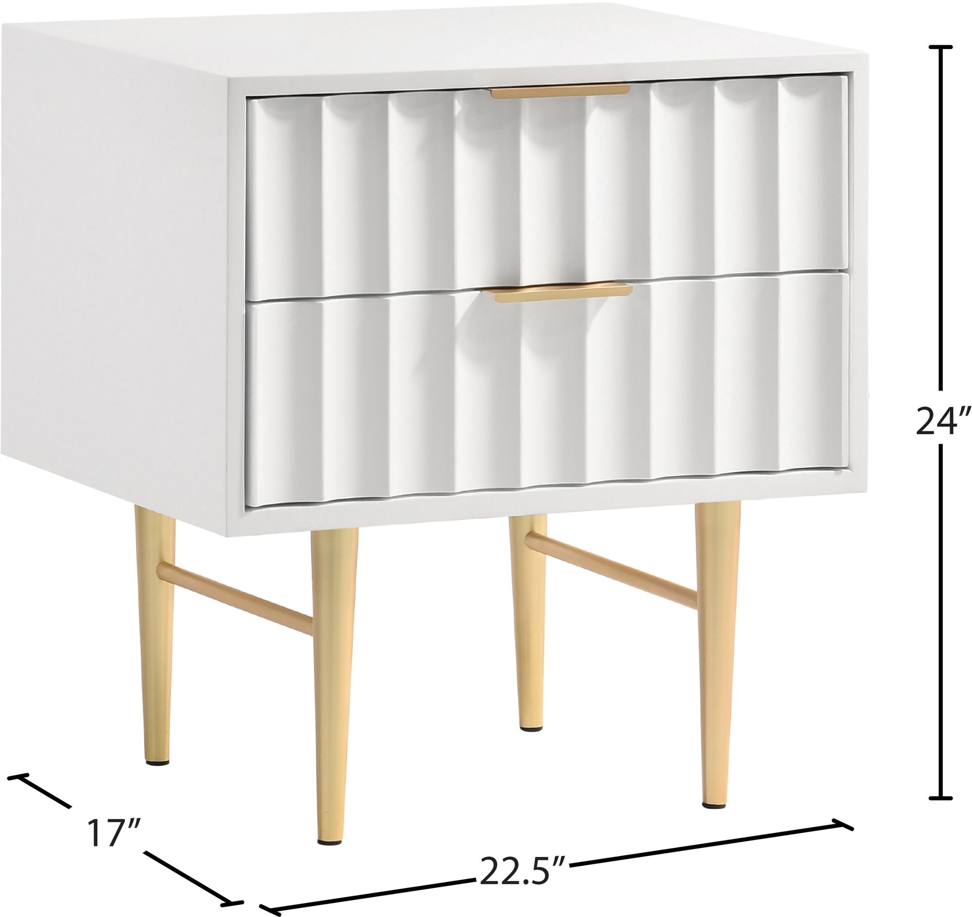Modernist 2-Drawer Wood Veneer Nightstand with Brushed Gold Steel Legs & Handles