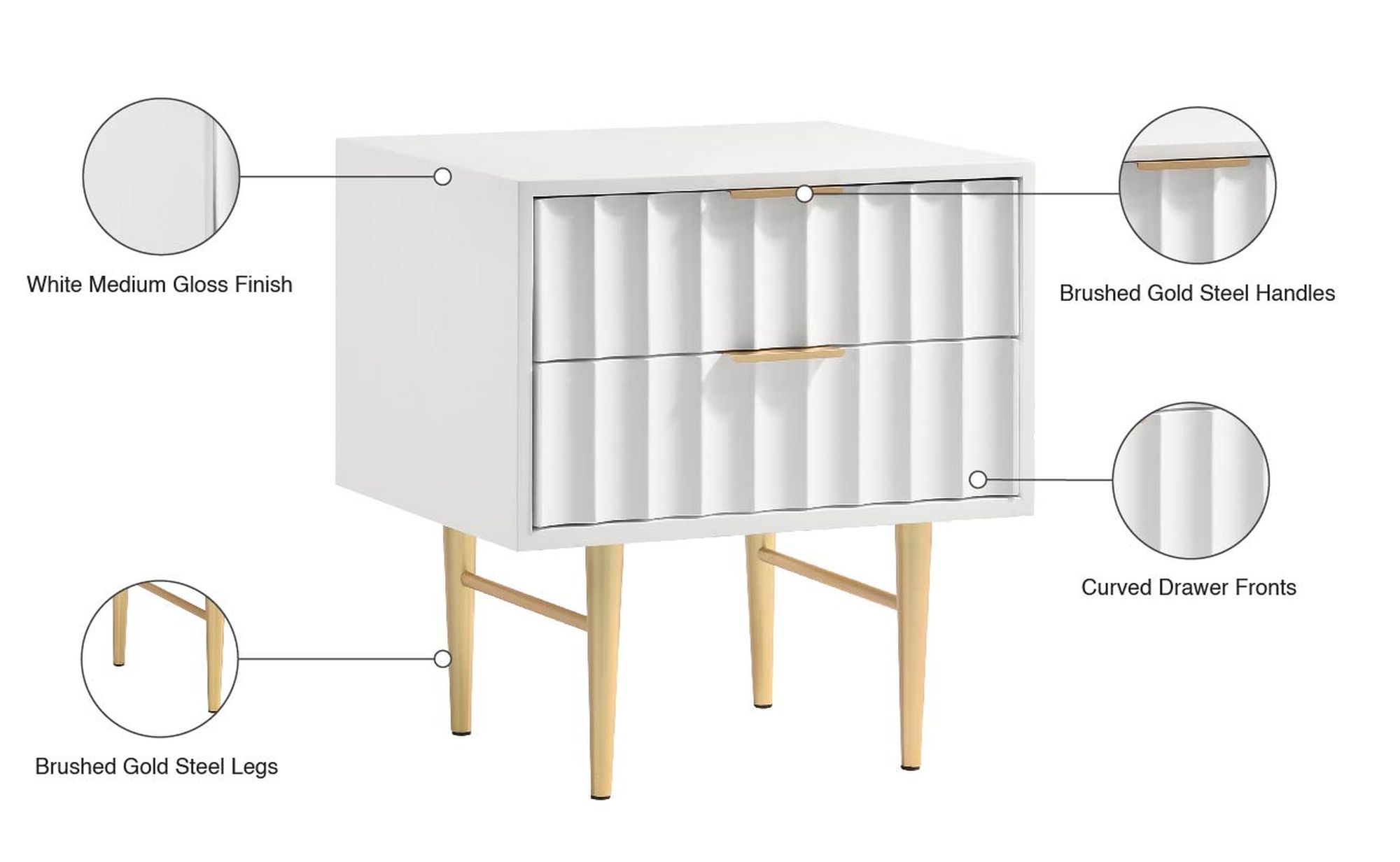 Modernist 2-Drawer Wood Veneer Nightstand with Brushed Gold Steel Legs & Handles