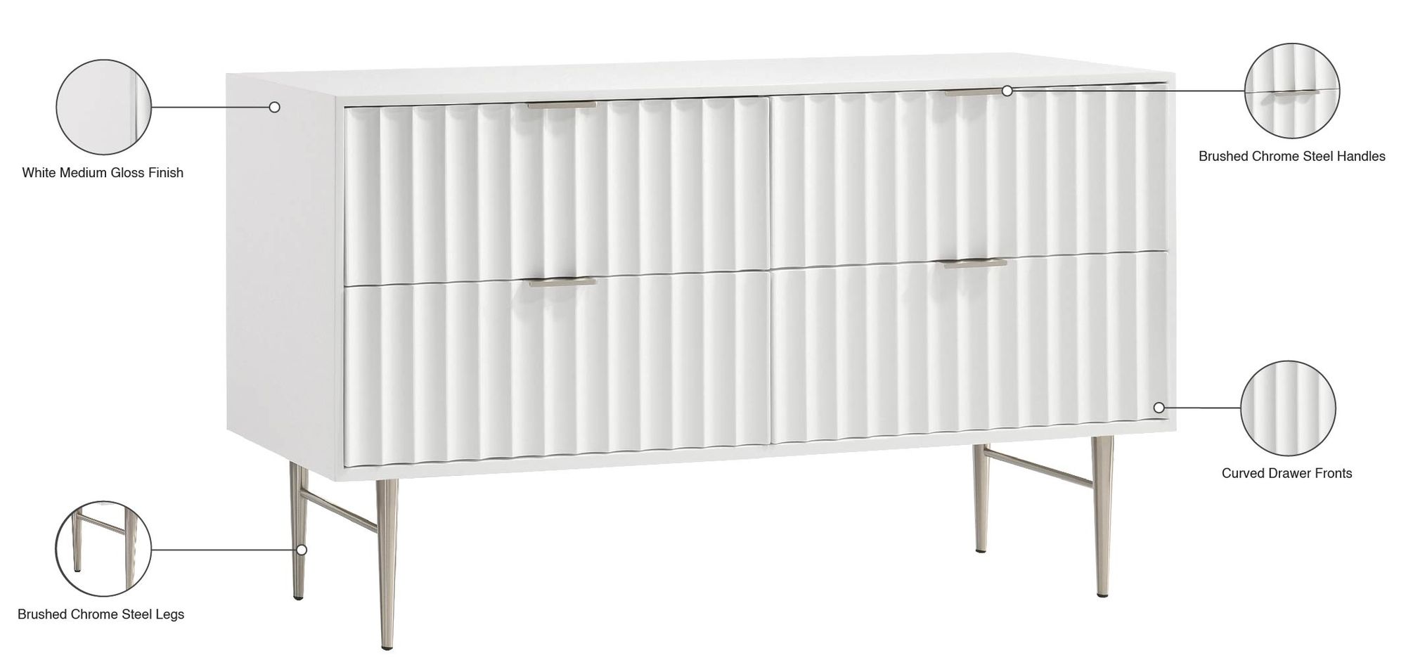 Modernist 4-Drawer Wood Dresser with Brushed Chrome Steel Legs & Handles