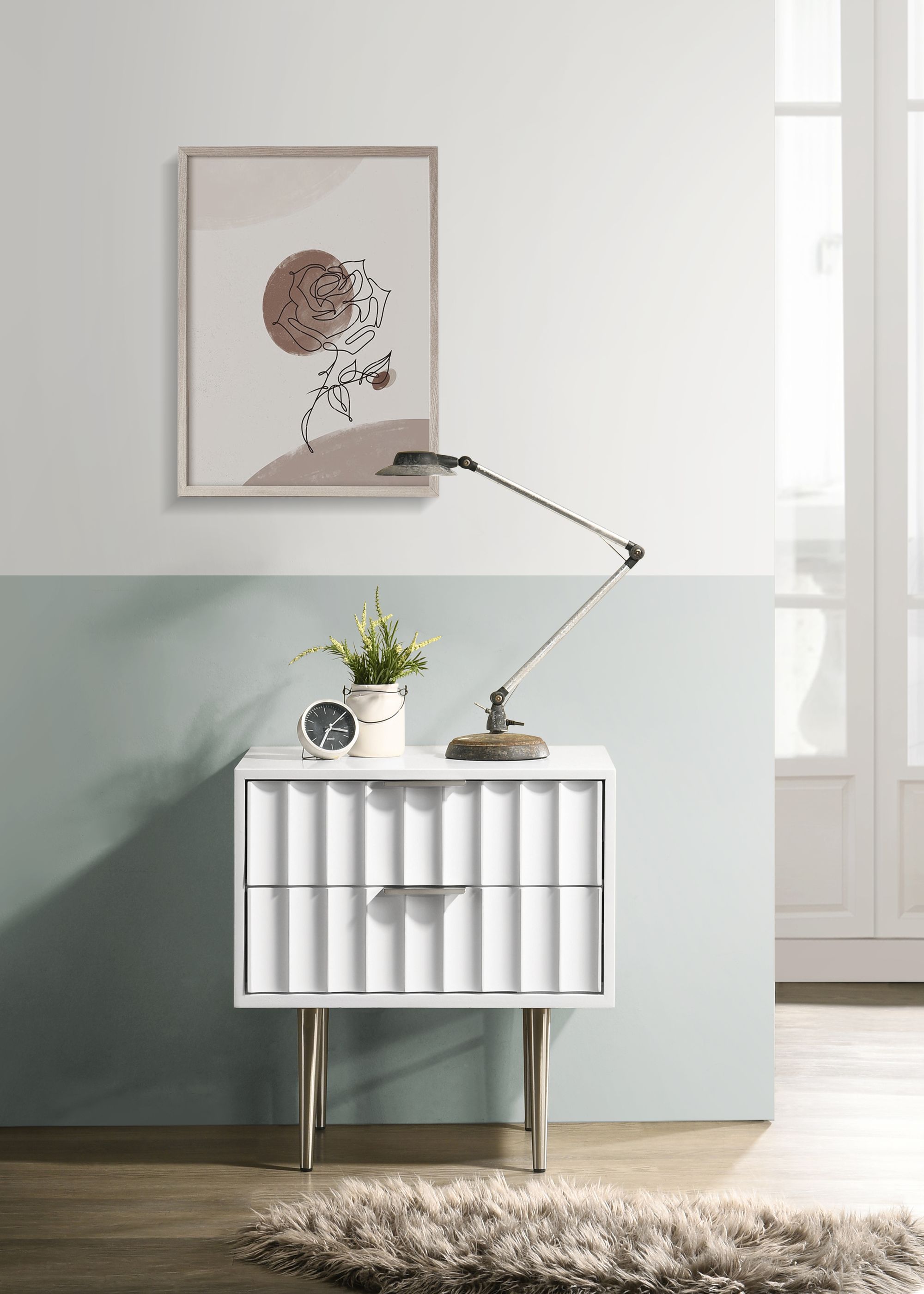 Modernist 2-Drawer Wood Nightstand with Brushed Steel Legs & Handles
