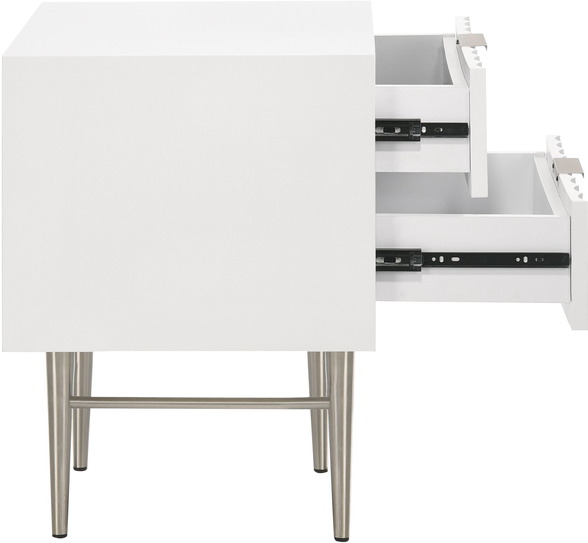 Modernist 2-Drawer Wood Nightstand with Brushed Steel Legs & Handles
