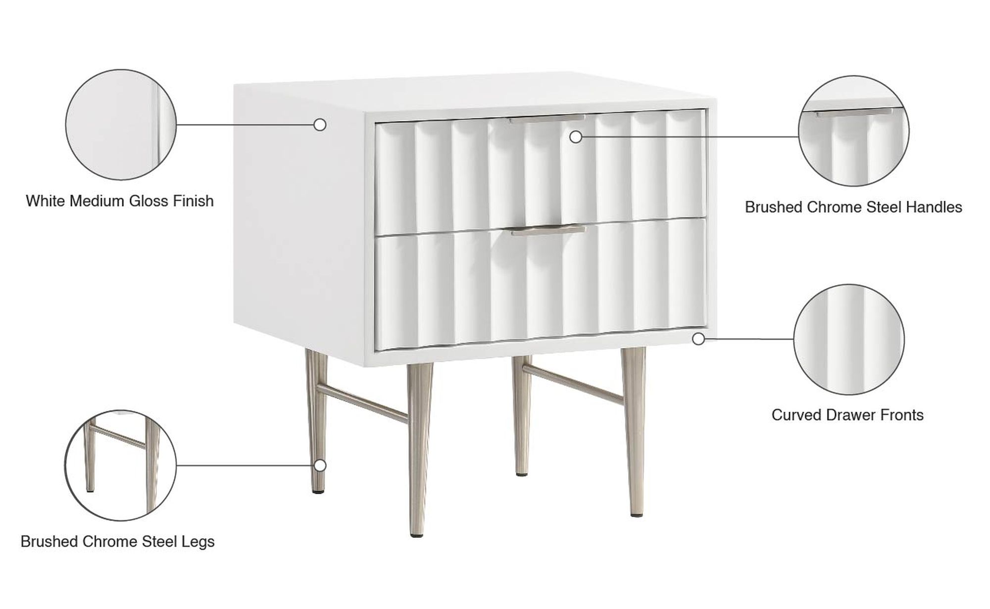 Modernist 2-Drawer Wood Nightstand with Brushed Steel Legs & Handles
