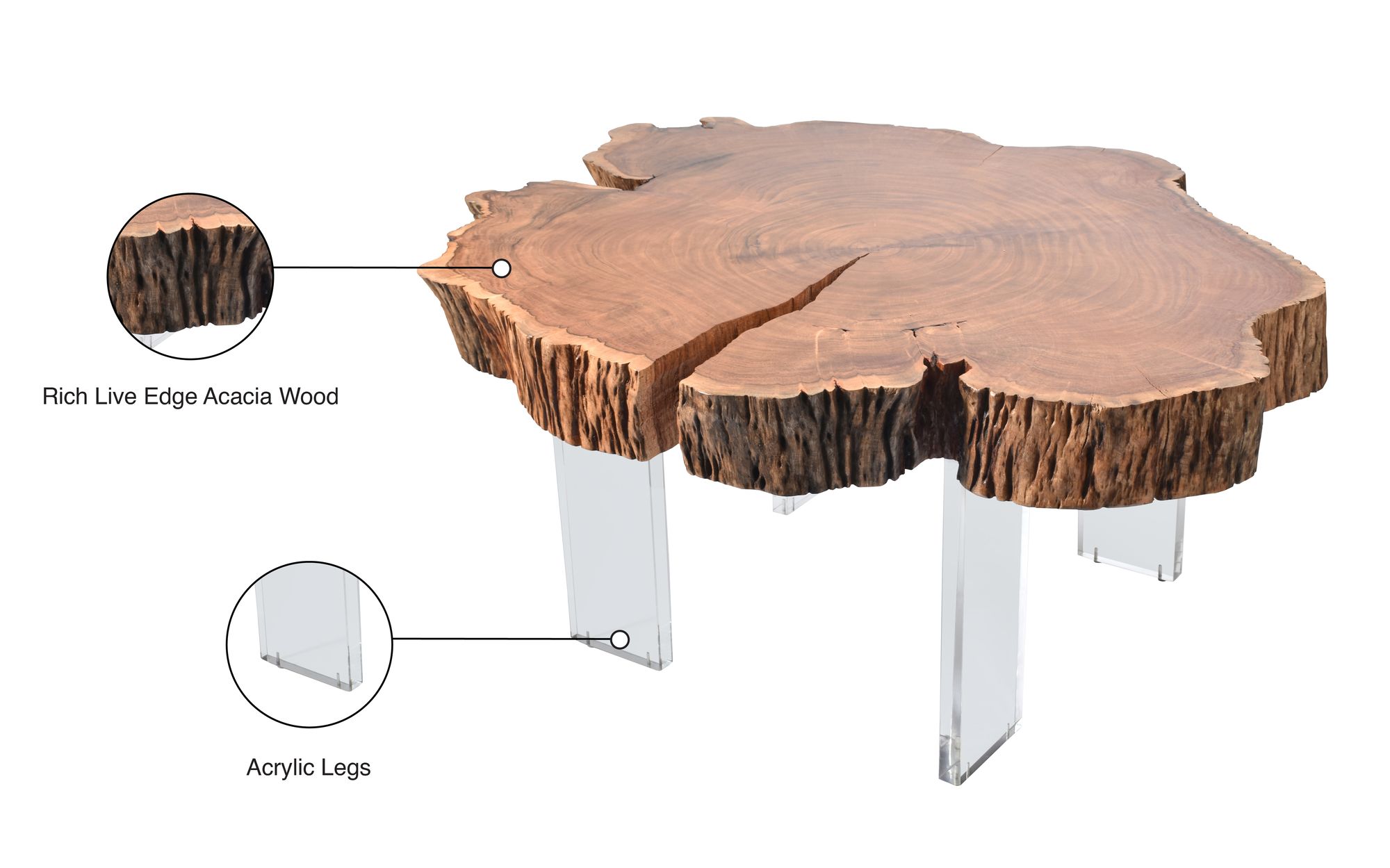 Woodland Live Edge Acacia Wood Coffee Table with Acrylic Legs