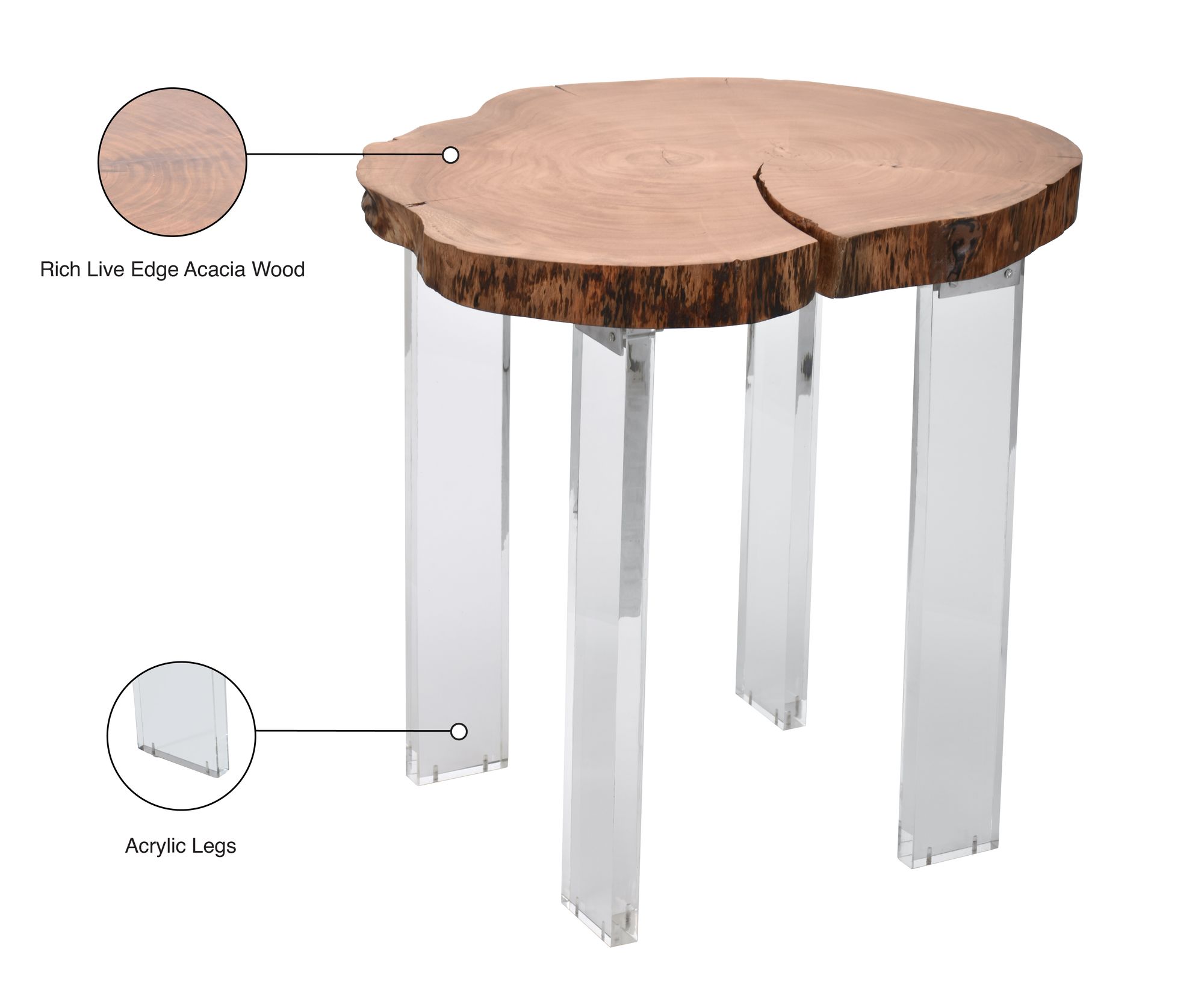 Woodland Live Edge Acacia Wood End Table with Acrylic Legs
