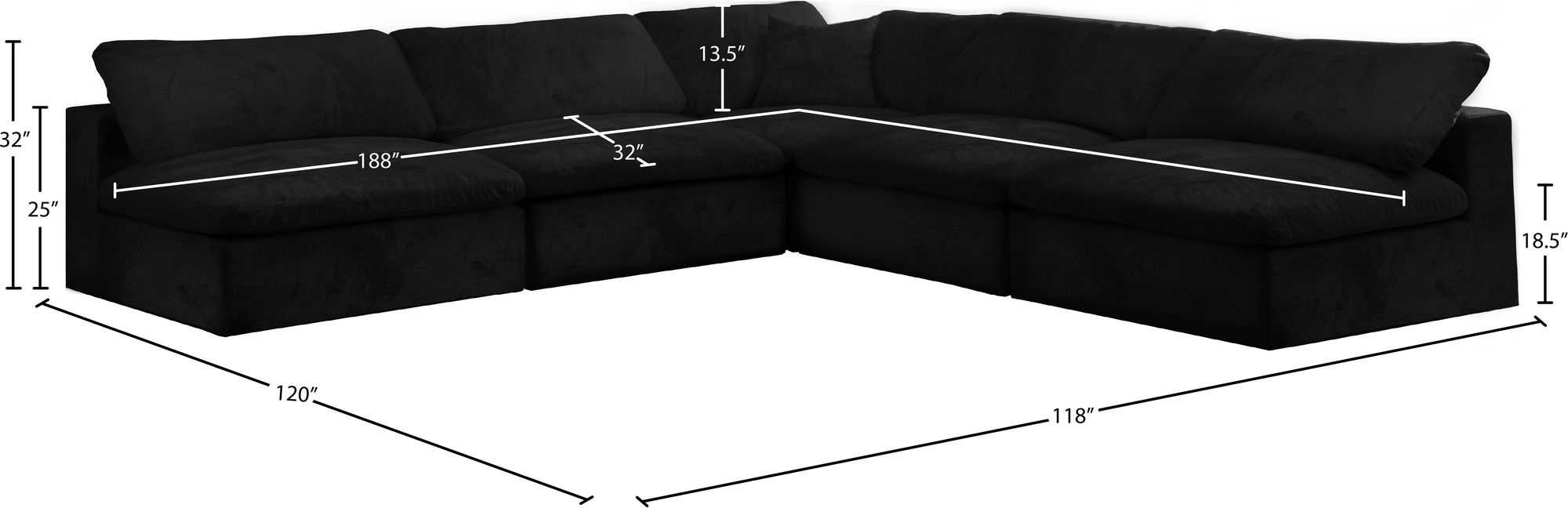 Cozy 118" 5-Piece Velvet Comfort Modular Armless Sectional