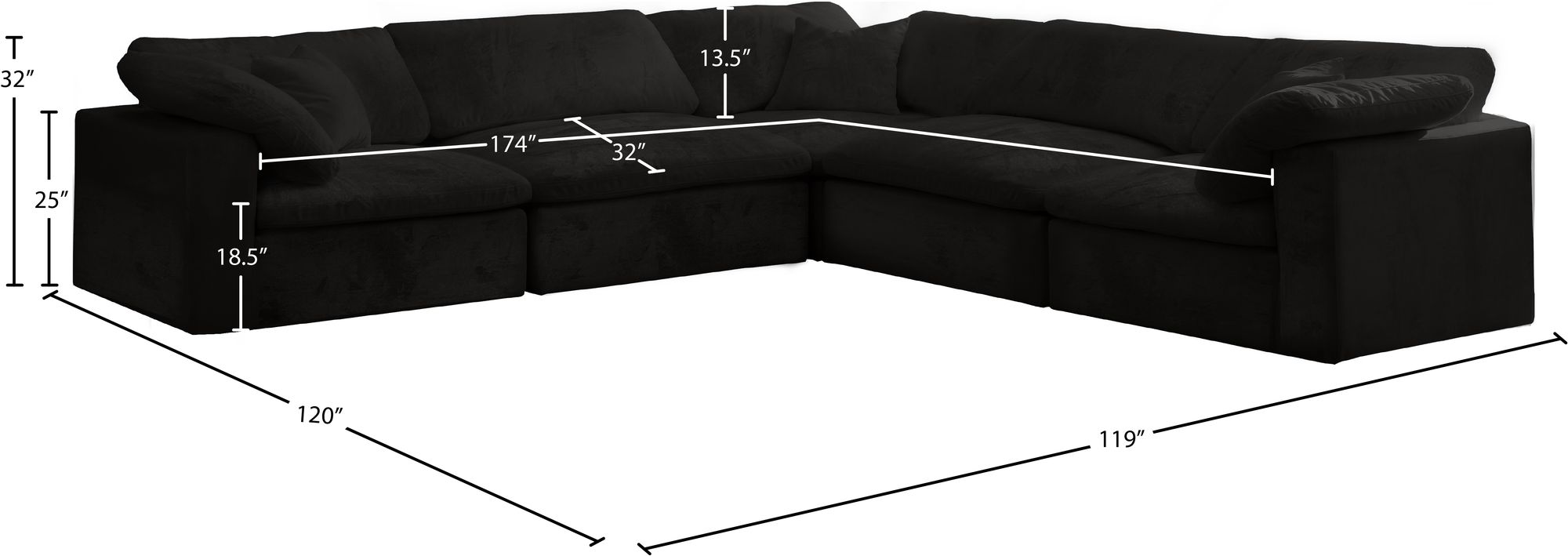 Cozy 119" 5-Piece Velvet Comfort Modular Sectional