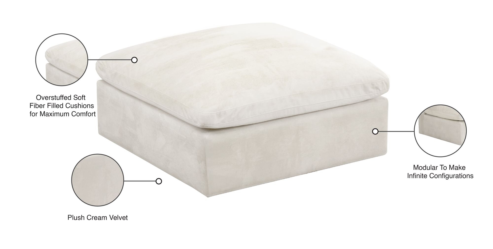 Cozy Velvet Modular Fiber Filled Comfort Overstuffed Ottoman