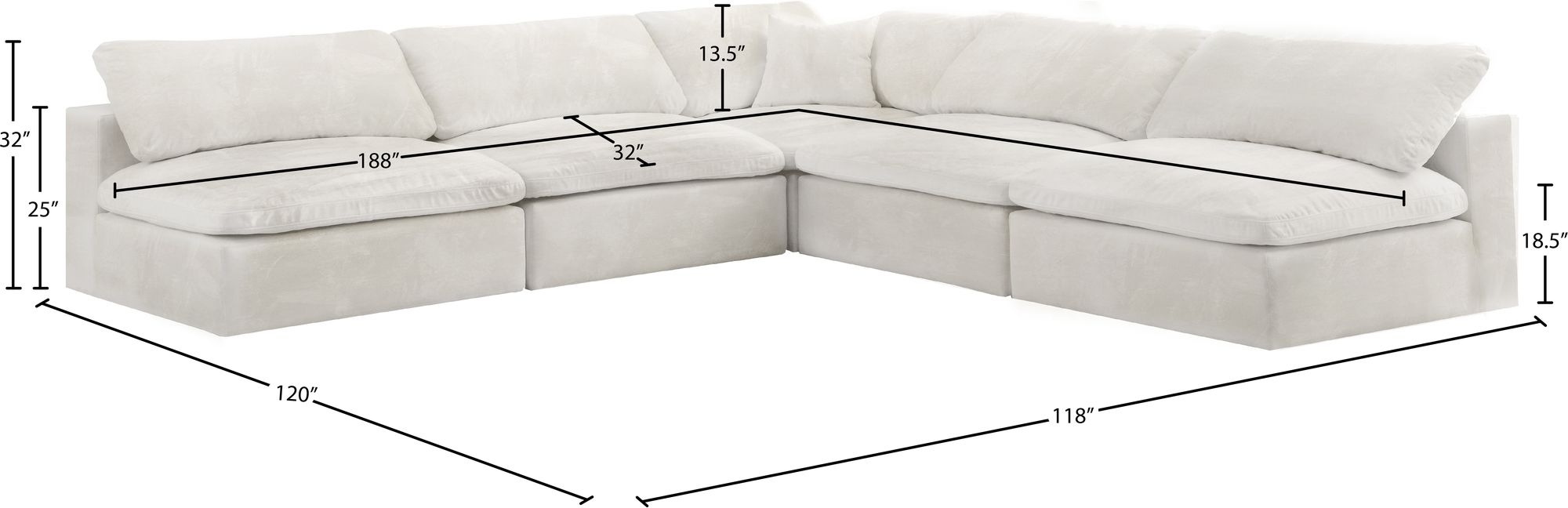 Cozy 118" 5-Piece Velvet Comfort Modular Armless Sectional