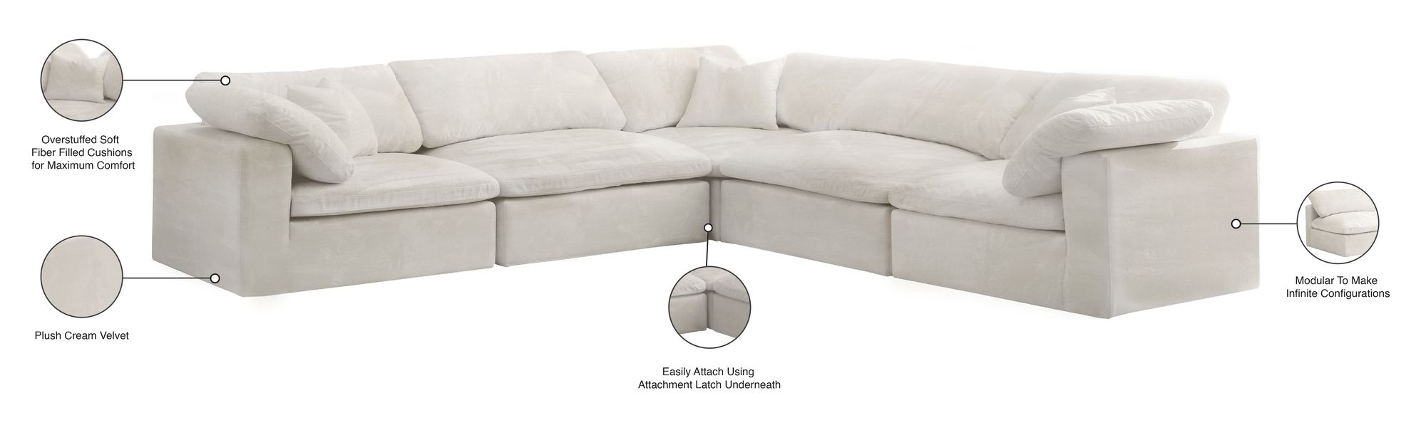 Cozy 119" 5-Piece Velvet Comfort Modular Sectional