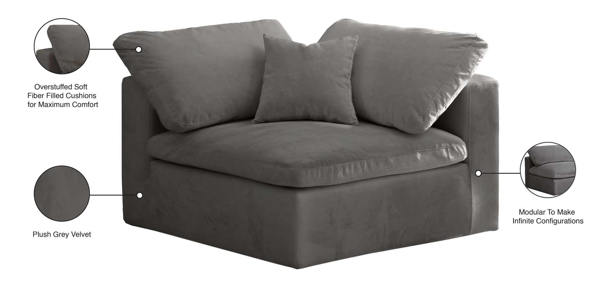 Cozy Velvet Modular Fiber Filled Comfort Overstuffed Corner Chair