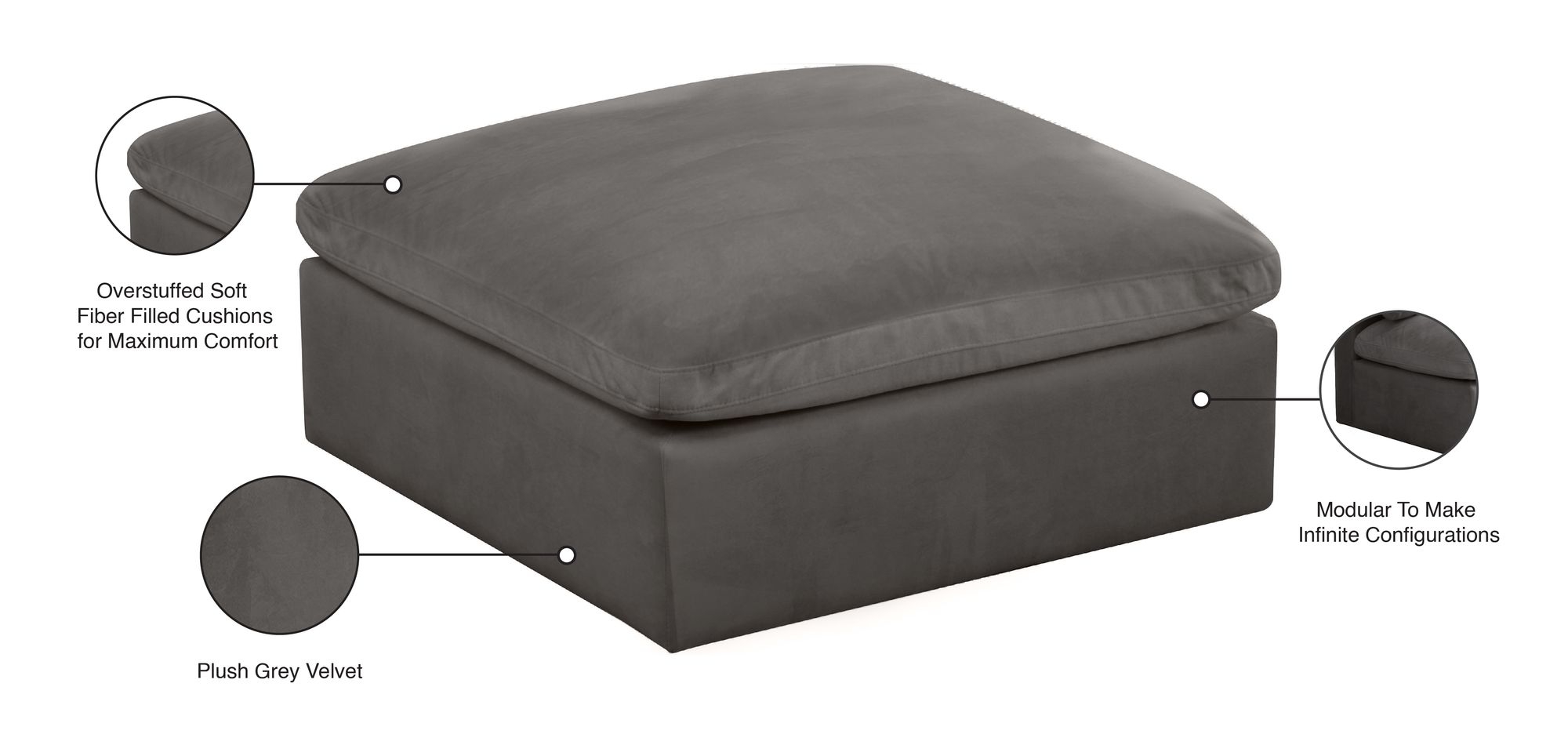Cozy Velvet Modular Fiber Filled Comfort Overstuffed Ottoman
