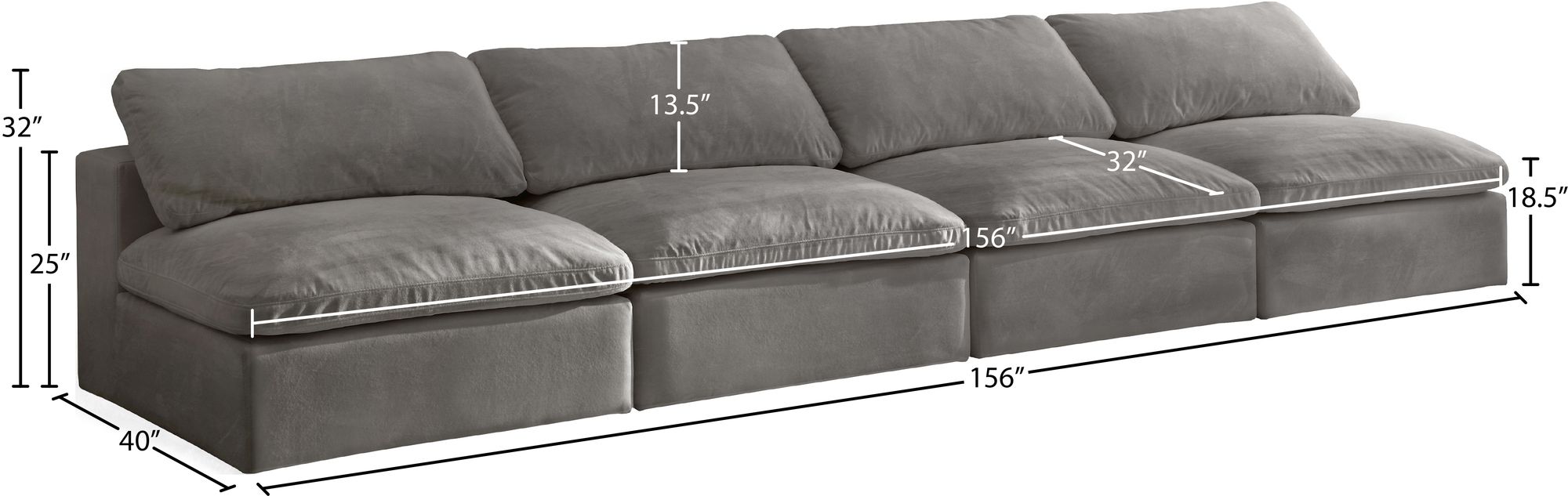 Cozy 156" Armless Velvet Comfort Modular Sofa