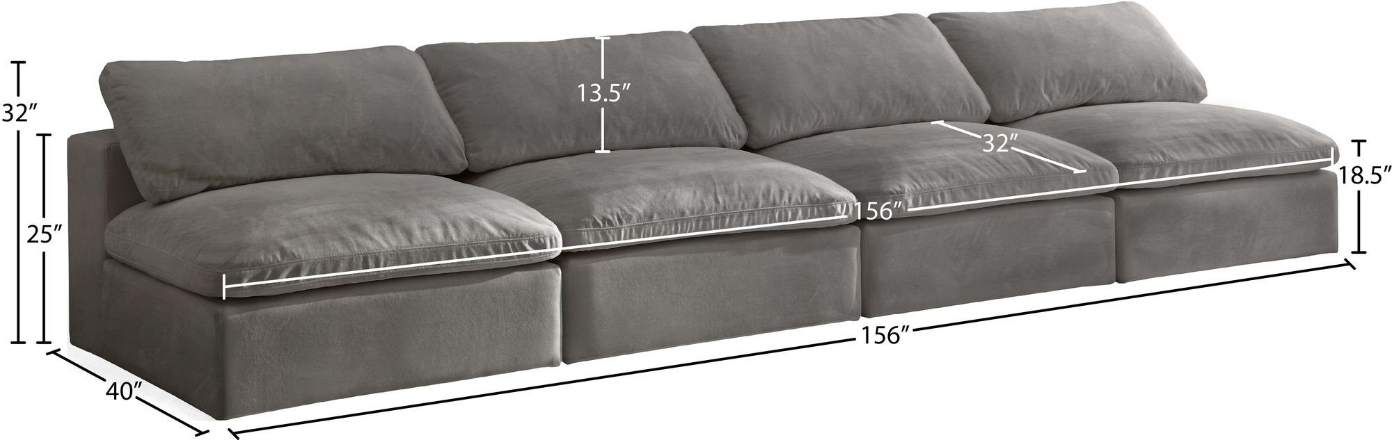 Cozy 156" Armless Velvet Comfort Modular Sofa