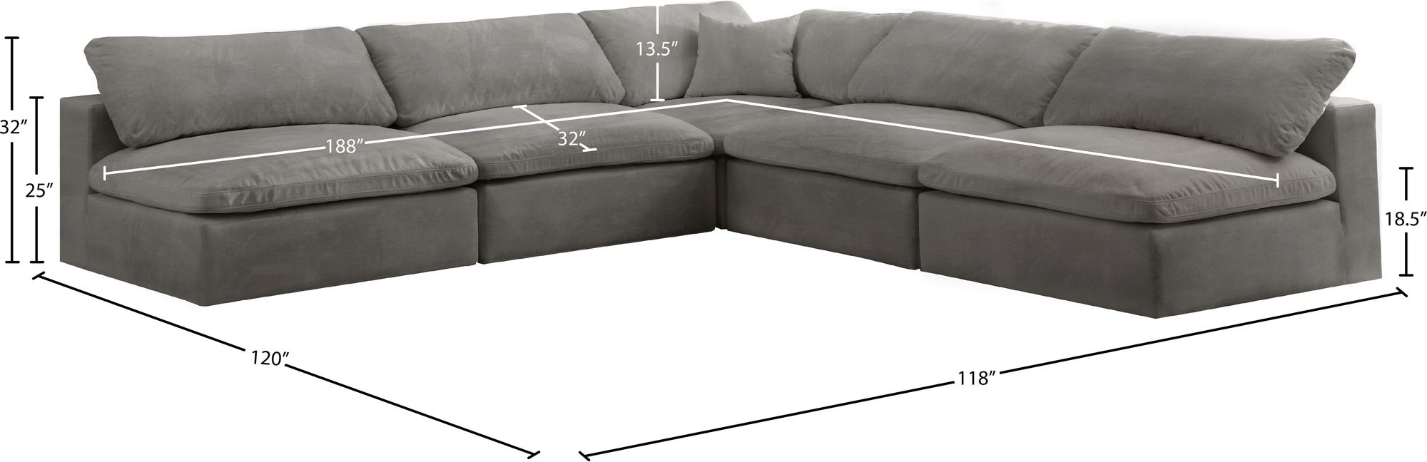 Cozy 118" 5-Piece Velvet Comfort Modular Armless Sectional