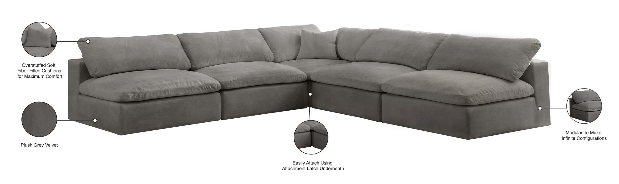 Cozy 118" 5-Piece Velvet Comfort Modular Armless Sectional