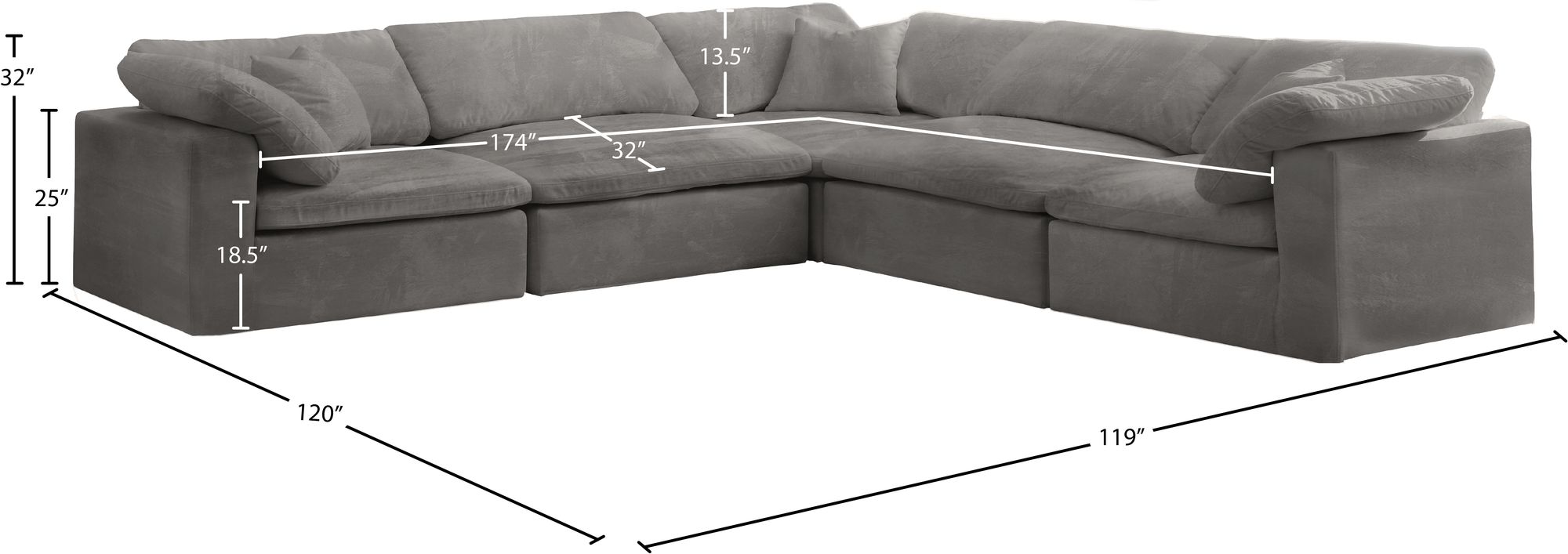 Cozy 119" 5-Piece Velvet Comfort Modular Sectional