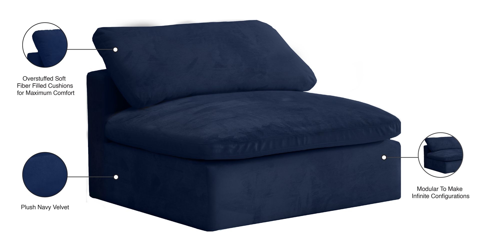 Cozy Velvet Modular Fiber Filled Comfort Overstuffed Armless Chair